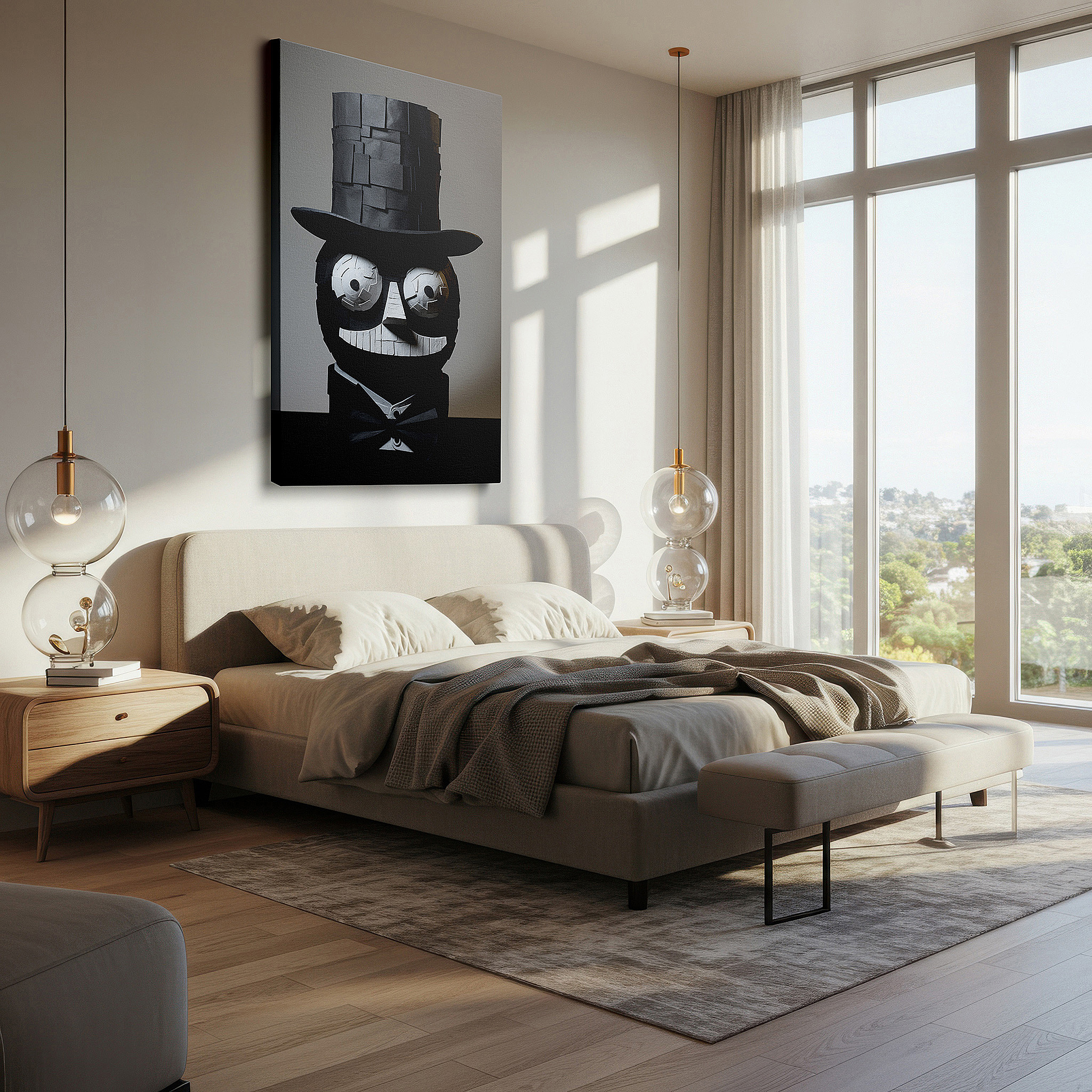 Bathed in morning sunlight streaming through sheer curtains — whimsical styrofoam character with scholarly glasses and bow tie - large wall art for office and bedroom decor, canvas wall art