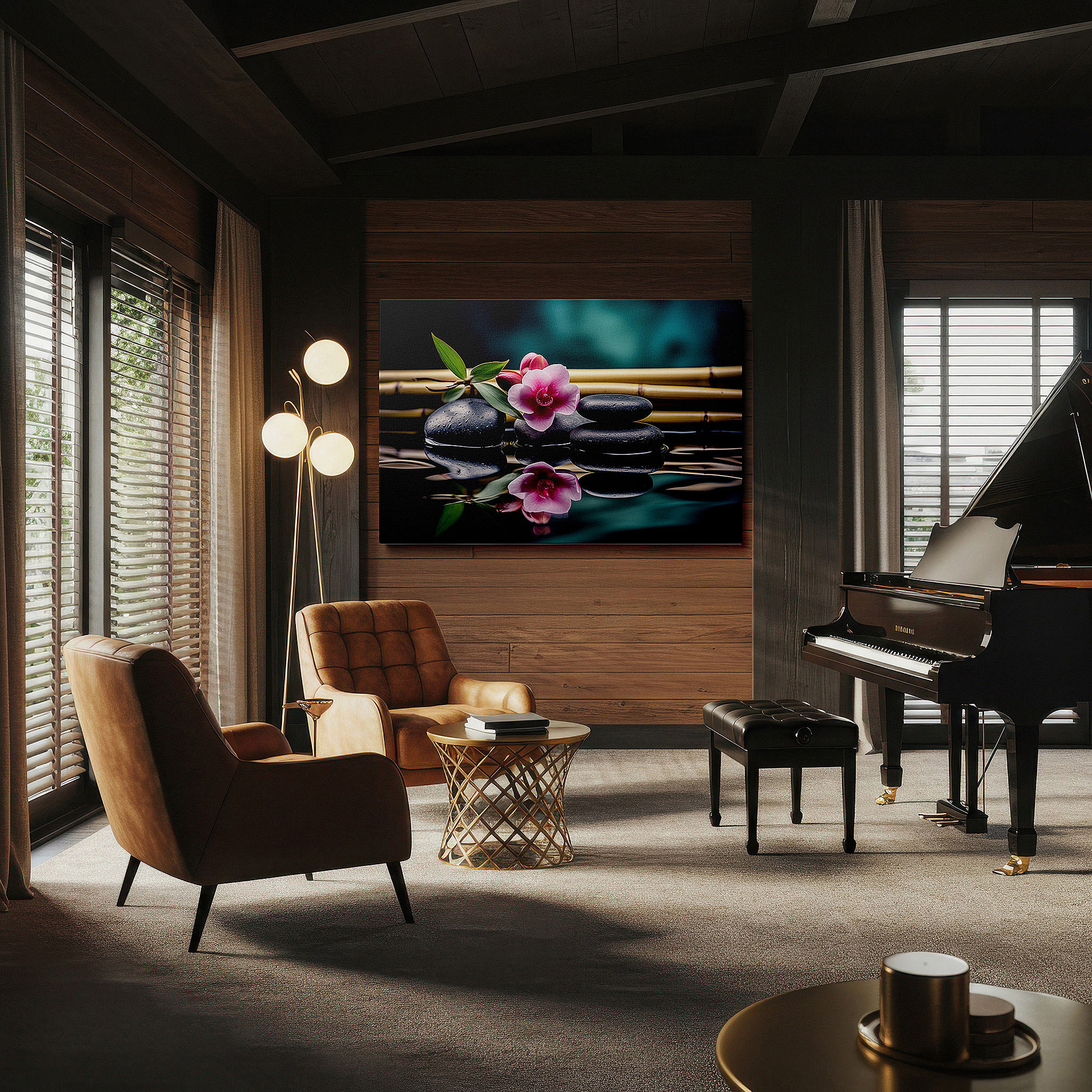 Bathed in morning sunlight streaming through sheer curtains — zen garden wall art: serene harmony, tranquil stones, and reflective waters - large canvas for office and bedroom decor