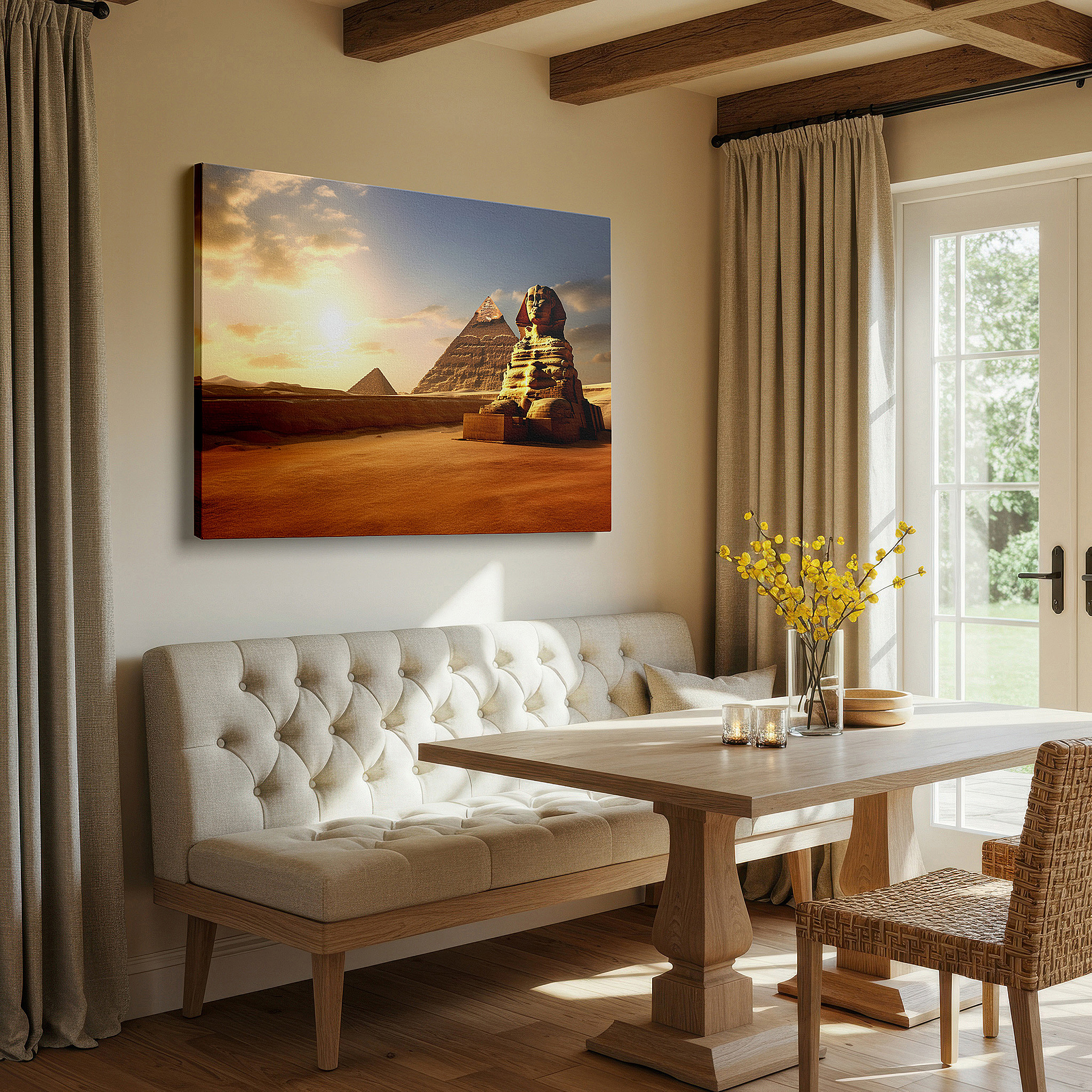 Bold and expansive at 90×60 cm — ideal for making a statement above large furniture — ancient egypt gateway featuring the majestic sphinx and pyramids large canvas wall art for office and bedroom decor