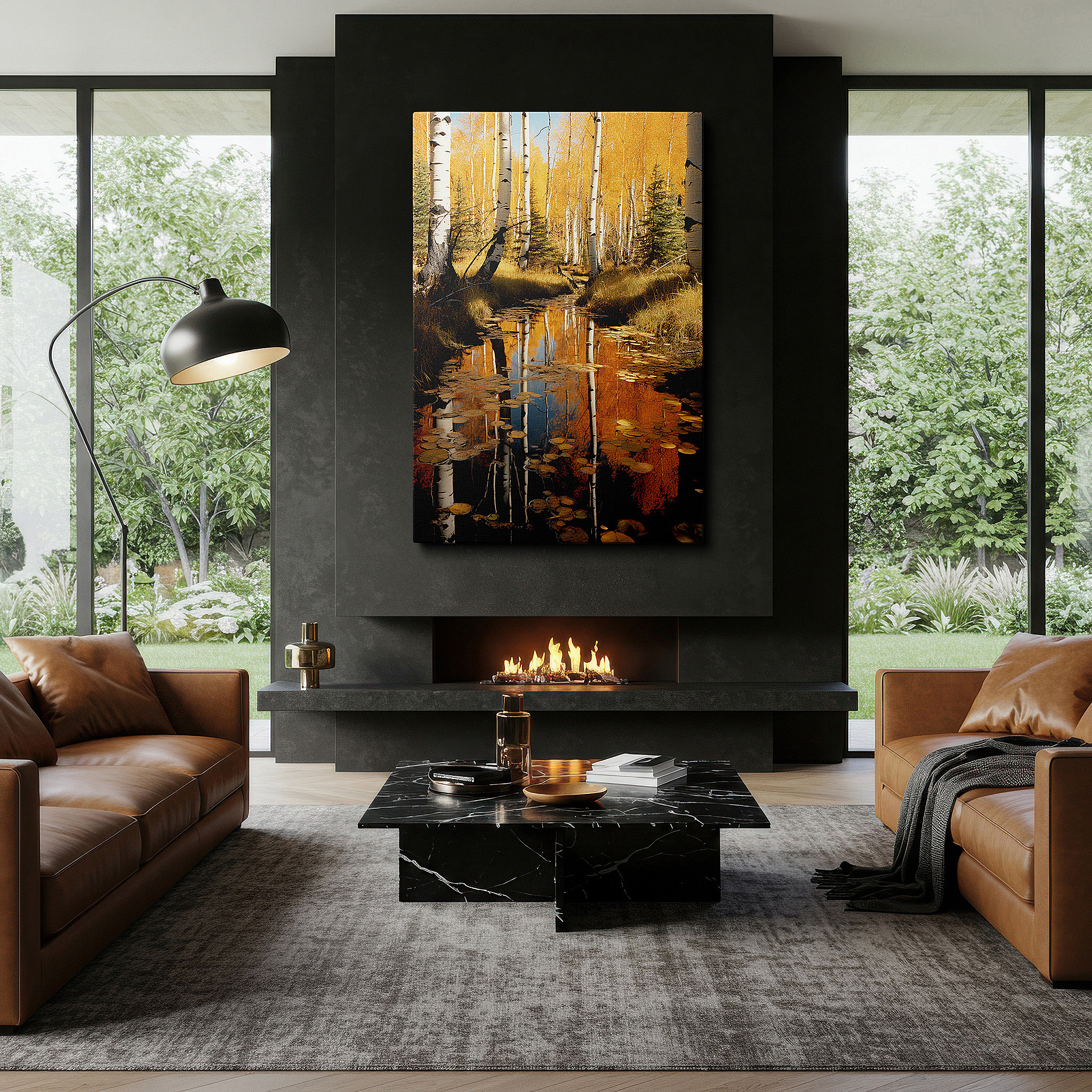 Bold and expansive at 90×60 cm — ideal for making a statement above large furniture — autumn aspen reflections on a tranquil forest pond - large canvas wall art for office, bedroom, and living room decor