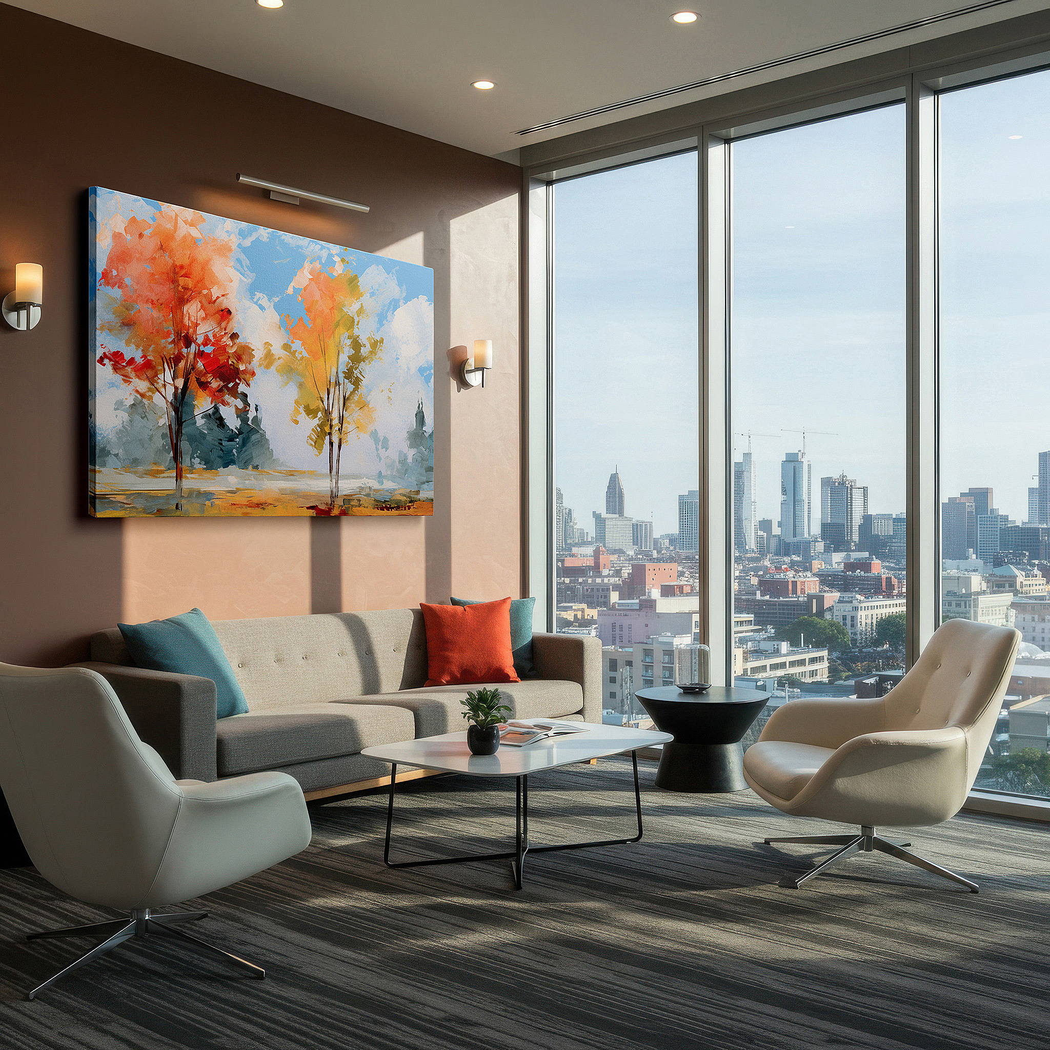 Bold and expansive at 90×60 cm — ideal for making a statement above large furniture — autumn's dance beneath a brilliant sky - vibrant reds and oranges clash with bold blues large wall art, canvas wall art, wall decor, office wall art