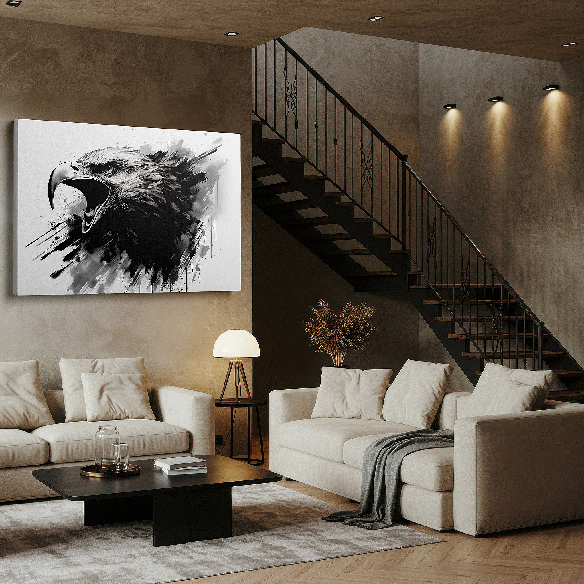 Bold and expansive at 90×60 cm — ideal for making a statement above large furniture — black and white roaring eagle canvas, symbolizing freedom and strength, ideal for office and bedroom wall decor