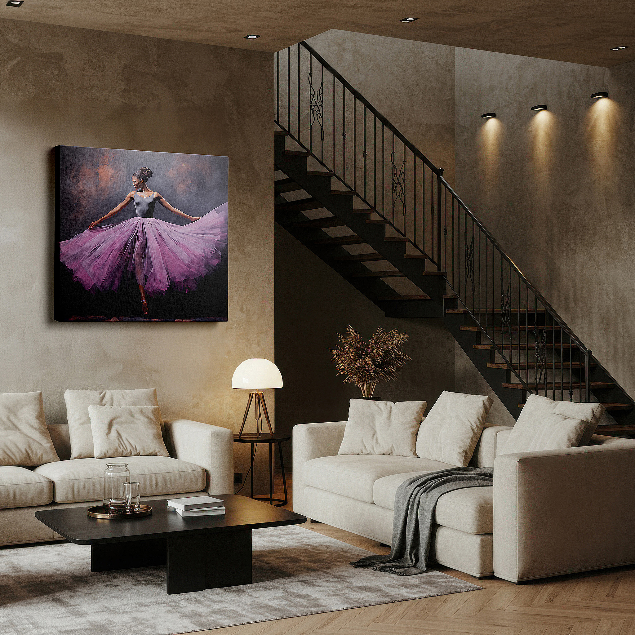 Bold and expansive at 90×60 cm — ideal for making a statement above large furniture — captivating dancer in pink tulle wall art: emotion and motion in light and shadow, ideal for office decor, large canvas wall art