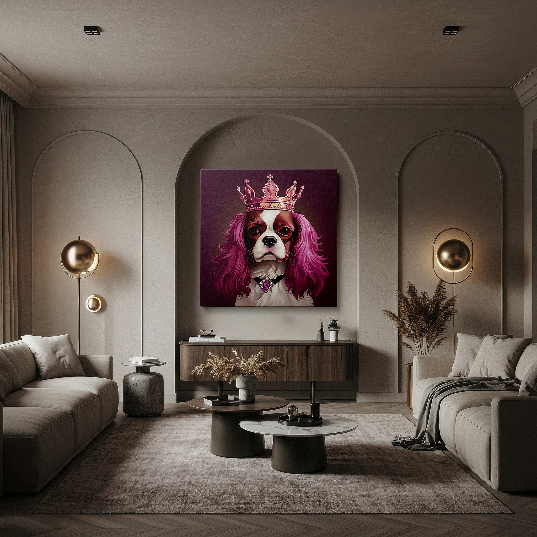 Bold and expansive at 90×60 cm — ideal for making a statement above large furniture — chestnut and white cavalier king charles spaniel with crown large canvas wall art for office and bedroom decor