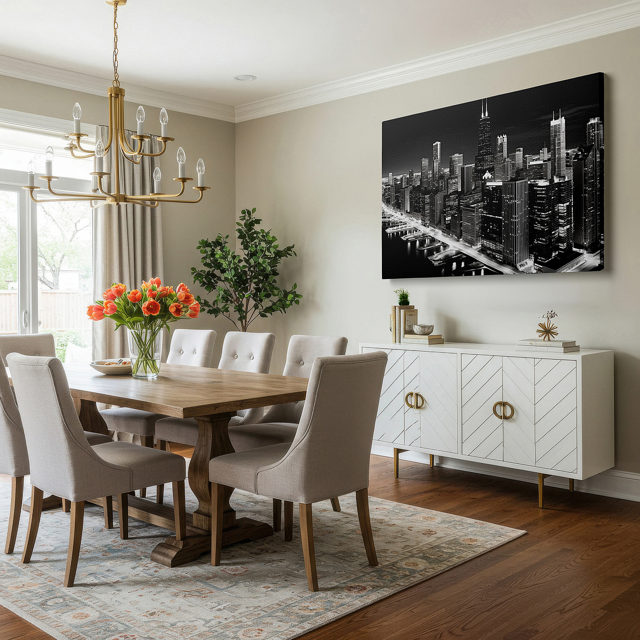 Bold and expansive at 90×60 cm — ideal for making a statement above large furniture — chicago skyline at night in black and white: majestic view with willis tower dominating the skyscrapers - large canvas wall art