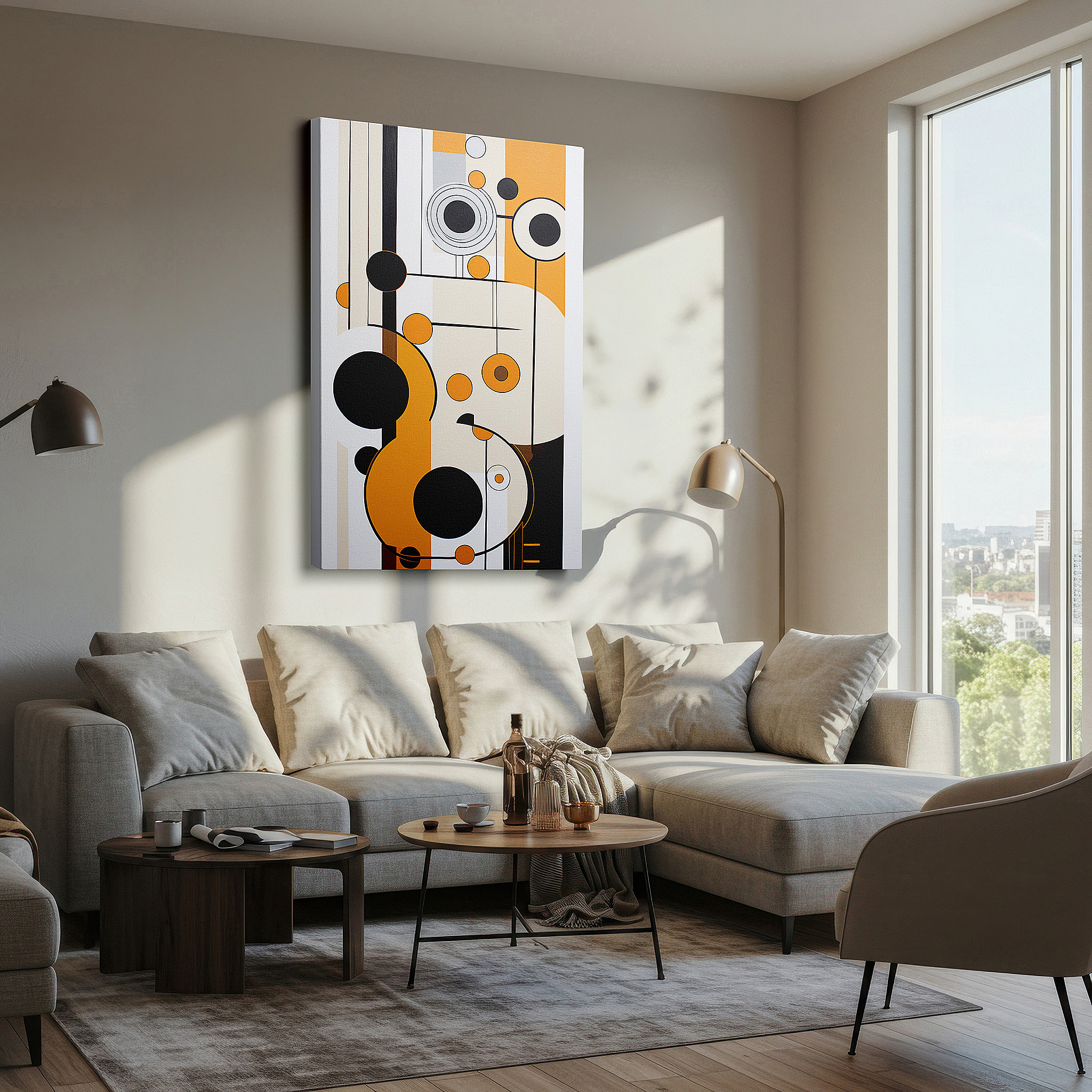 Bold and expansive at 90×60 cm — ideal for making a statement above large furniture — contemporary wall art in bold orange, black, and white geometric patterns, large canvas for office, bedroom, and living room decor