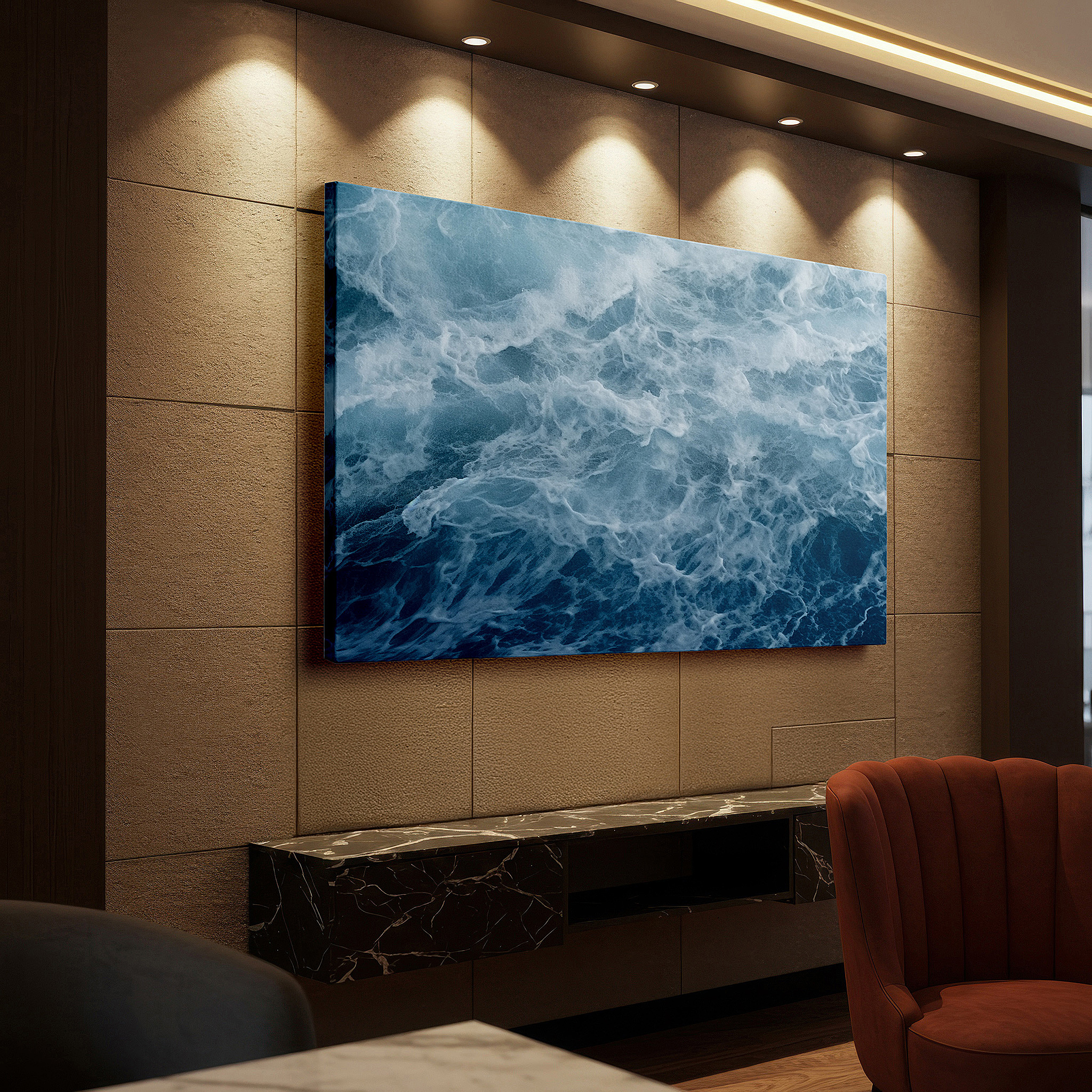 Bold and expansive at 90×60 cm — ideal for making a statement above large furniture — crashing waves - a striking display of nature's force and calm in blue, large canvas wall art for home and office decor