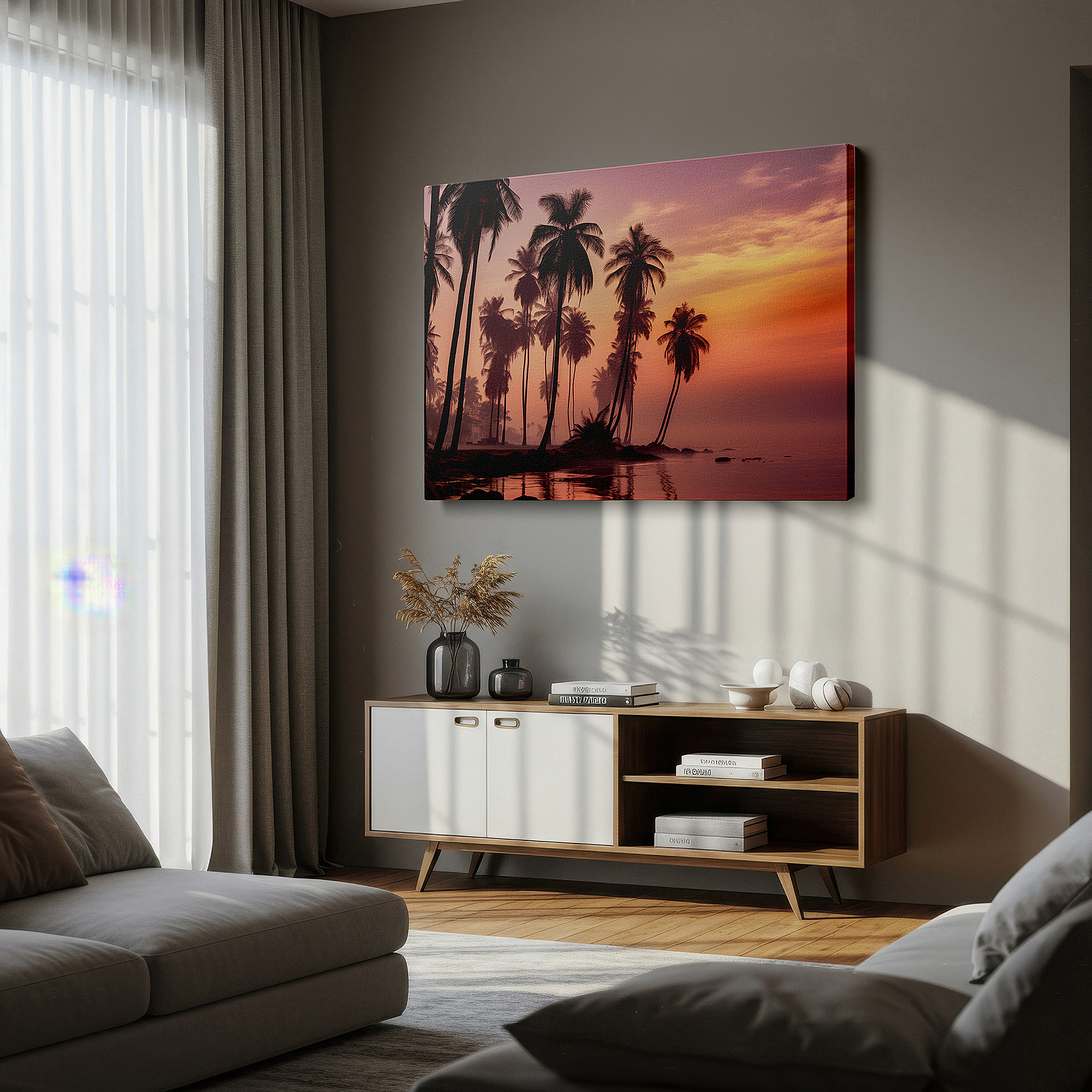 Bold and expansive at 90×60 cm — ideal for making a statement above large furniture — dawn's gentle embrace: silhouettes of palms against a vibrant morning sky - large canvas wall art for home and office decor