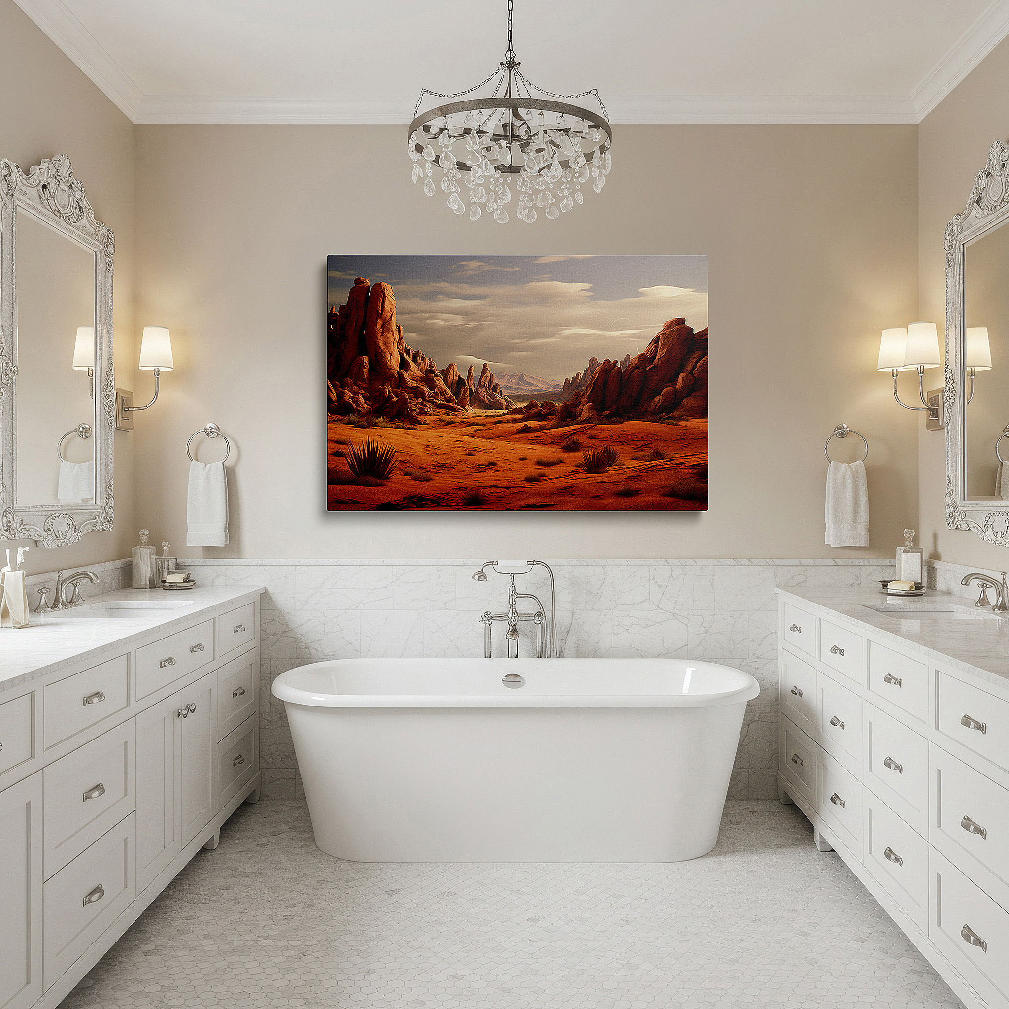 Bold and expansive at 90×60 cm — ideal for making a statement above large furniture — desert majesty: towering rock formations and expansive skies wall art - large canvas for home and office decor, ideal for living room and bedroom