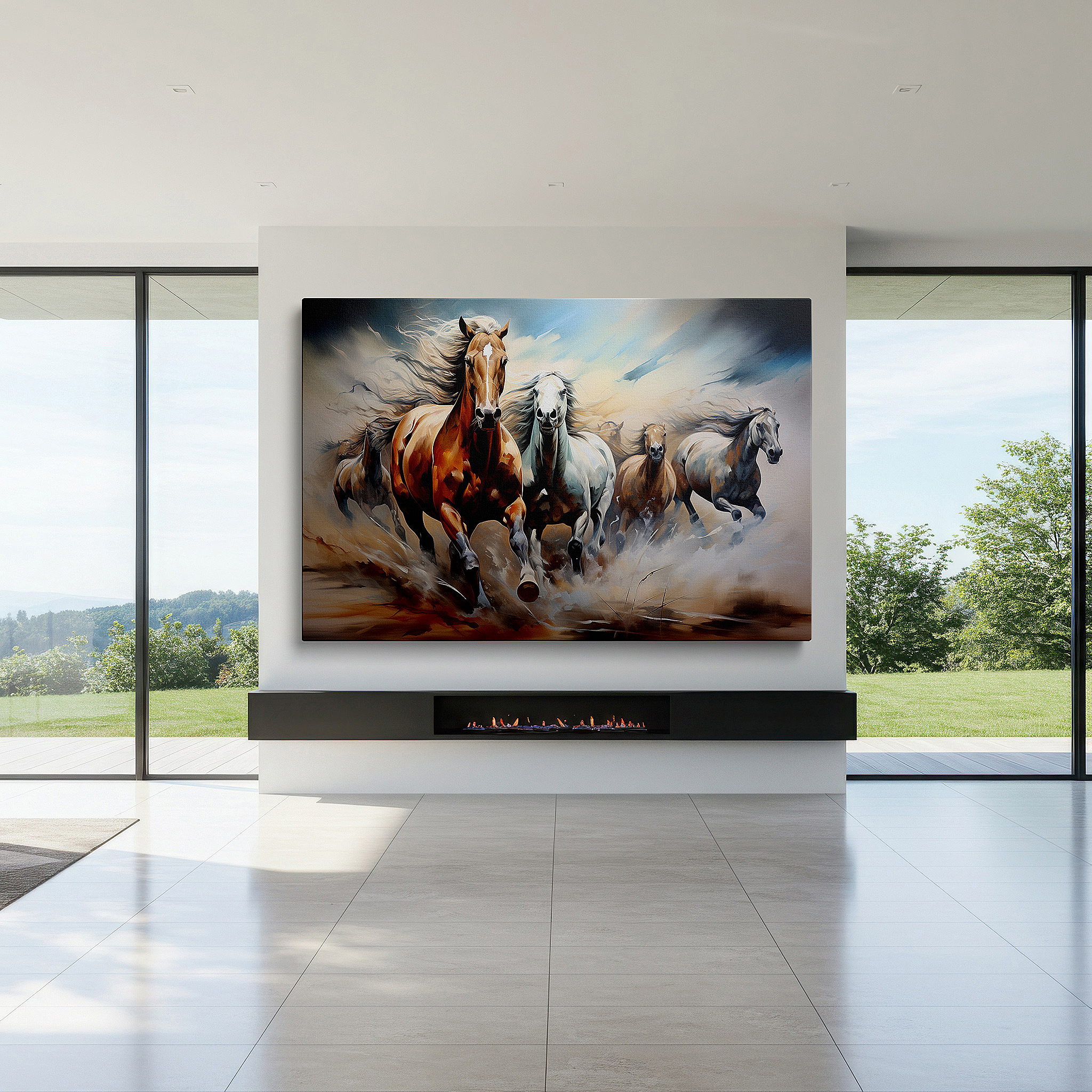 Bold and expansive at 90×60 cm — ideal for making a statement above large furniture — desert sunset with galloping horses, large canvas wall art for office and bedroom decor