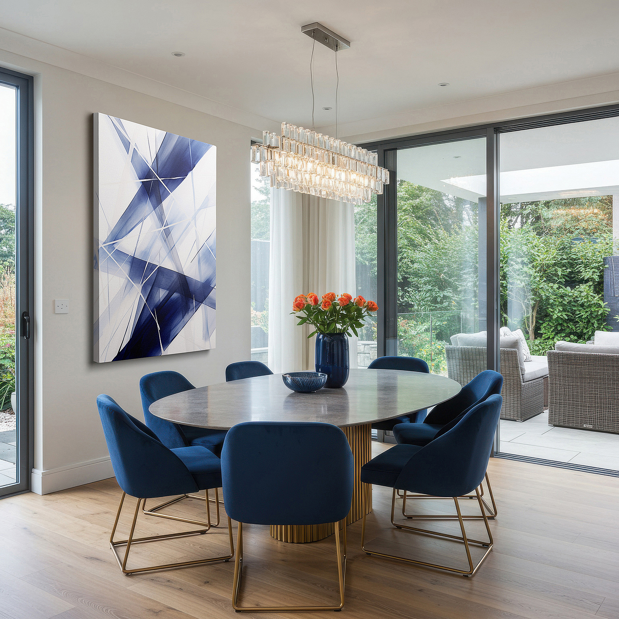 Bold and expansive at 90×60 cm — ideal for making a statement above large furniture — dynamic blue and white symphony: abstract energy and movement large wall art, canvas wall art, wall decor for office and bedroom