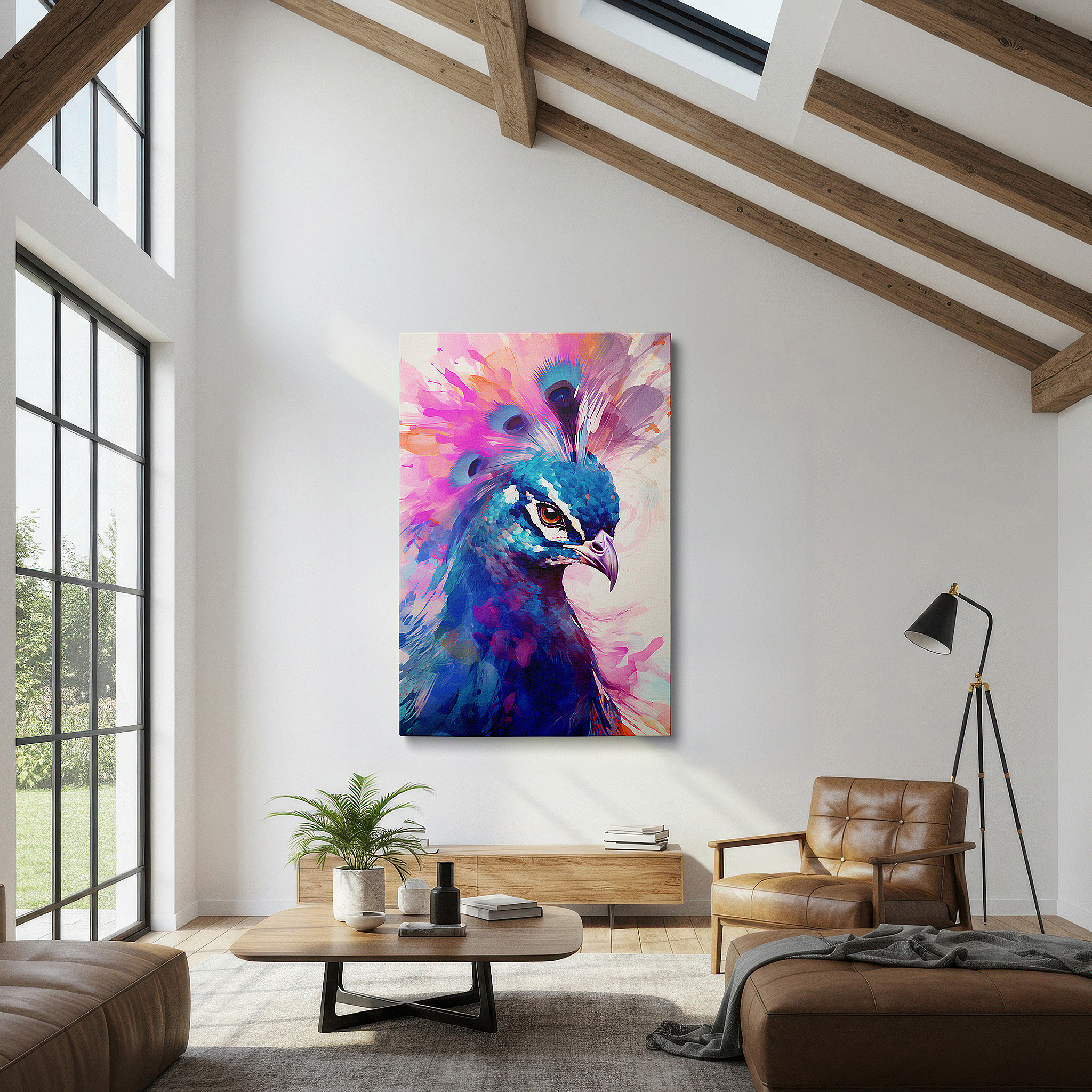 Bold and expansive at 90×60 cm — ideal for making a statement above large furniture — elegant peacock display showcases beauty and luxury with bright colors and graceful splashes, large canvas wall art decor