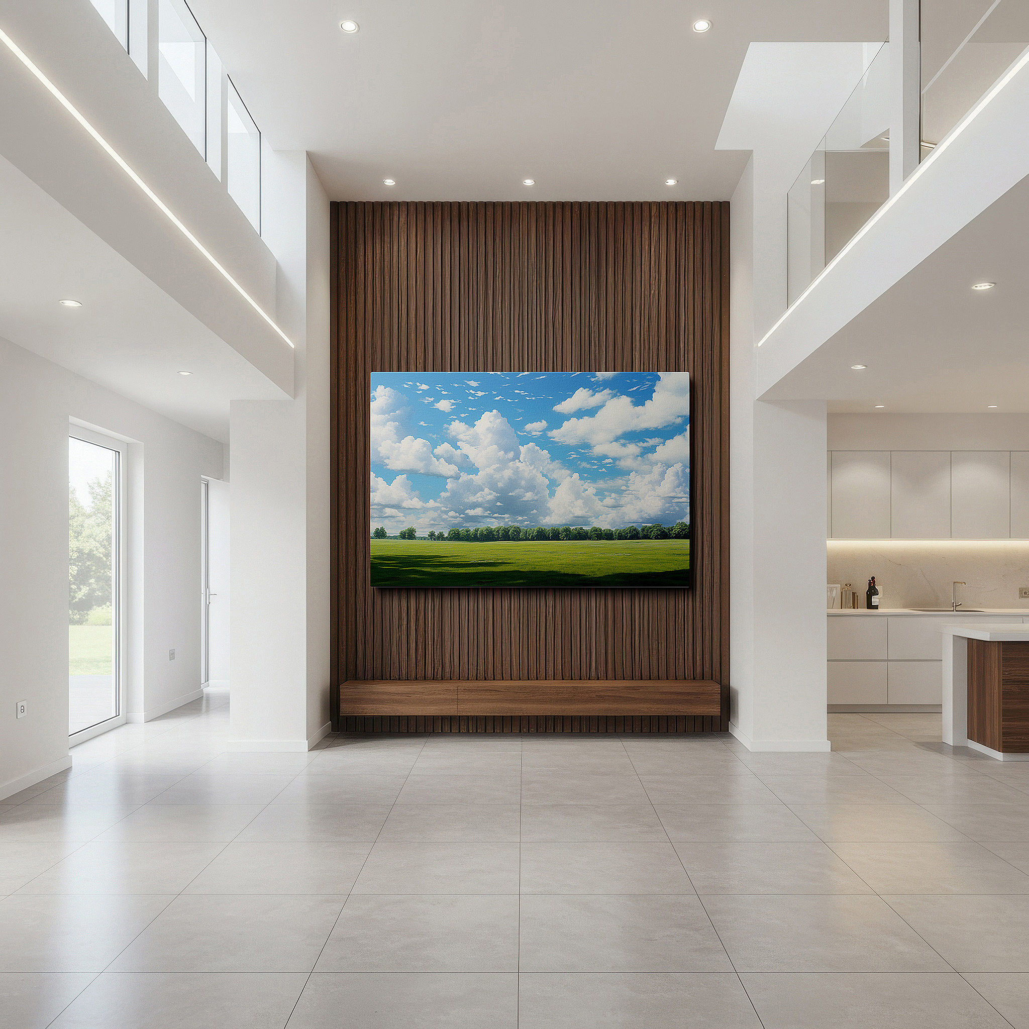 Bold and expansive at 90×60 cm — ideal for making a statement above large furniture — expansive green meadow beneath bright blue sky, serene nature scene large wall art, canvas wall art, wall decor for office and bedroom