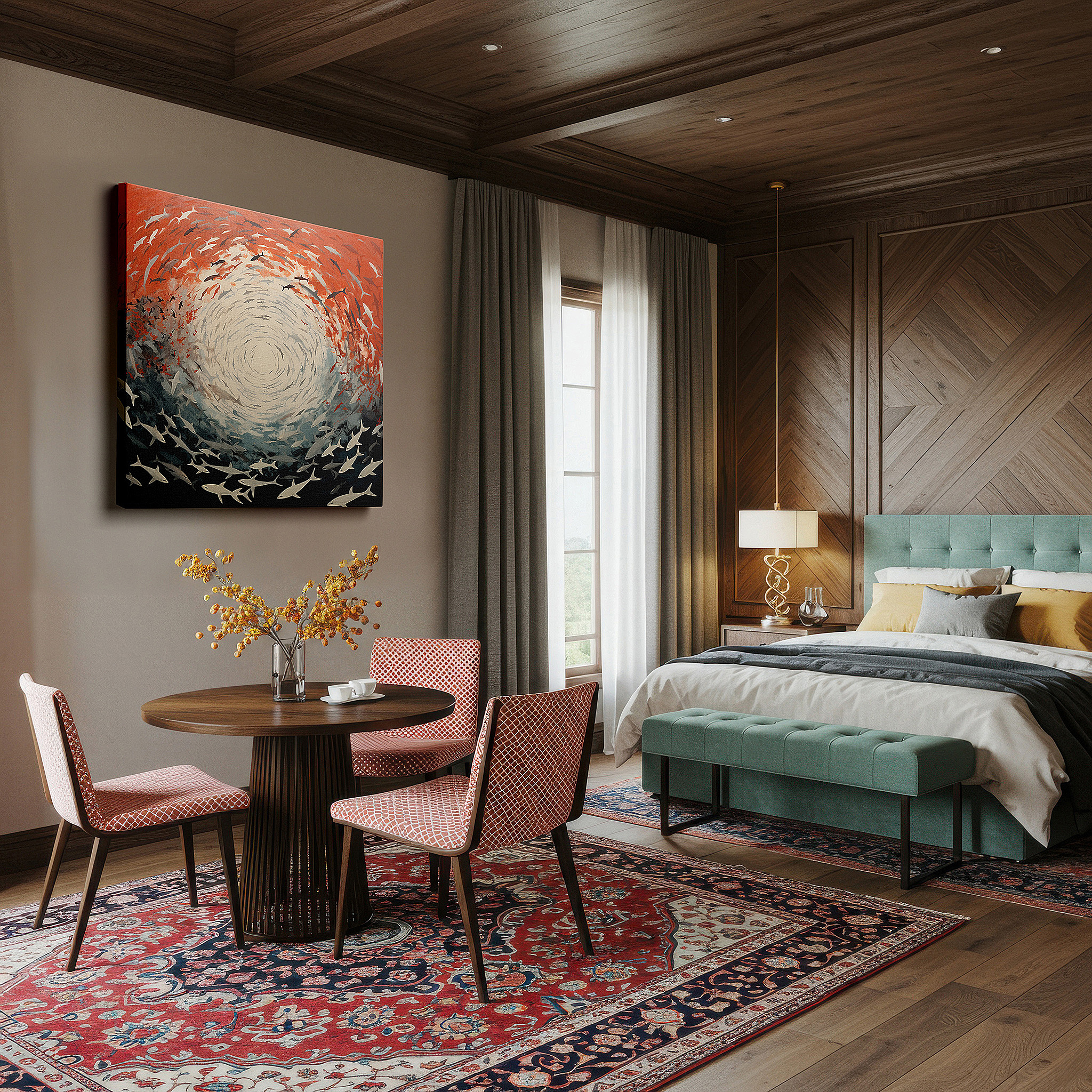 Bold and expansive at 90×60 cm — ideal for making a statement above large furniture — fiery depths sharks: a balletic display of nature's fierce beauty - large canvas wall art for office and bedroom decor