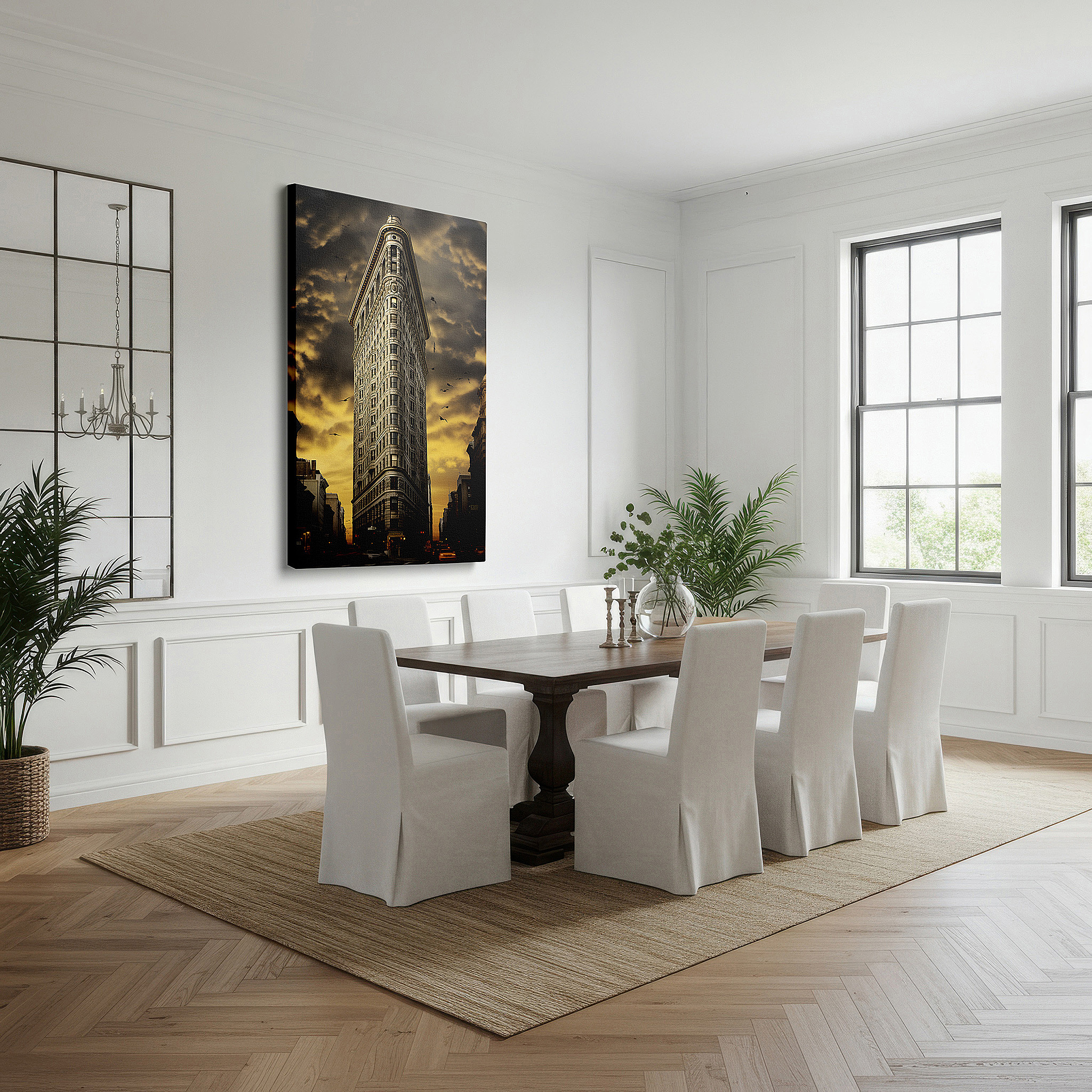 Bold and expansive at 90×60 cm — ideal for making a statement above large furniture — flatiron building at sunset: a tribute to new york's architectural grandeur - large canvas wall art for office decor