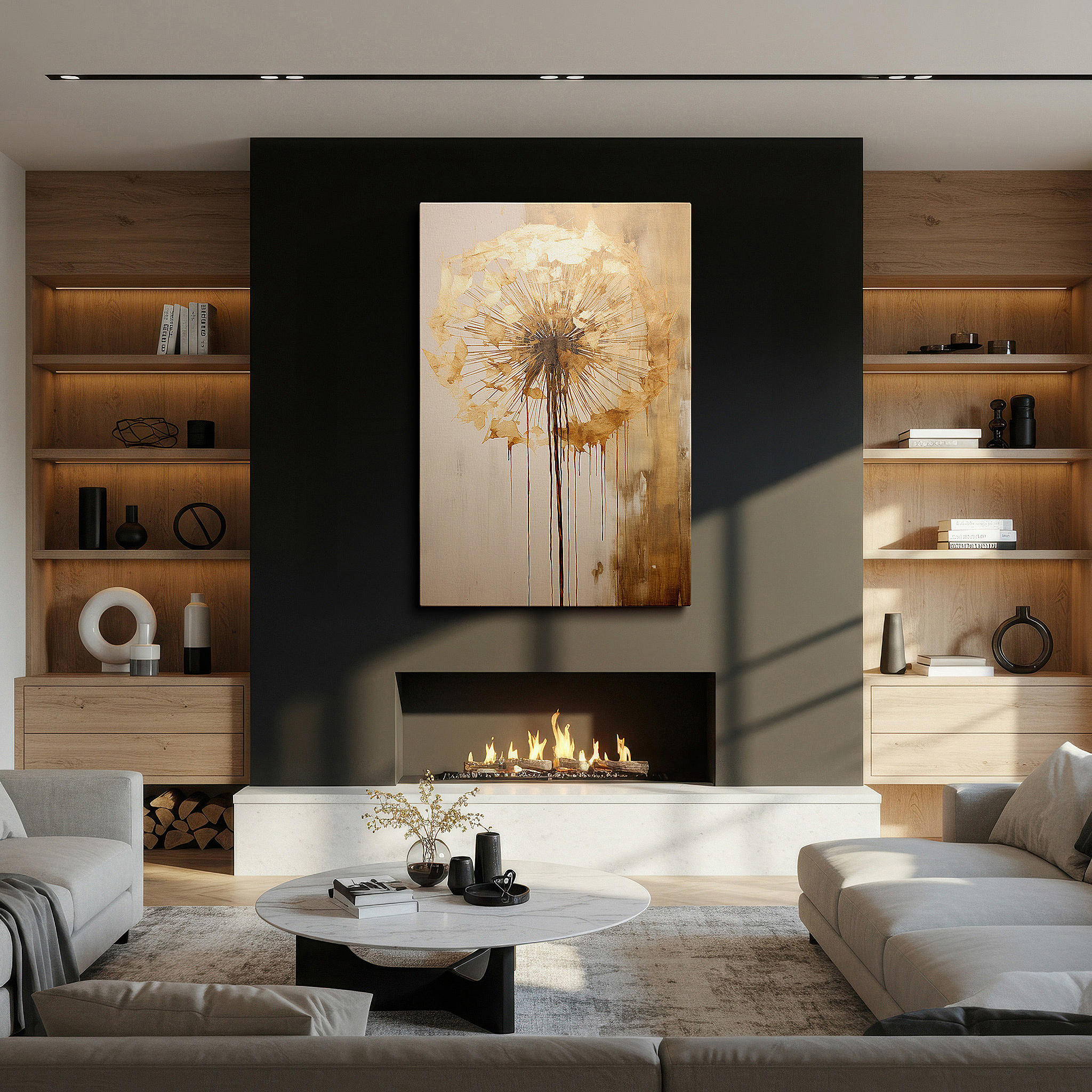 Bold and expansive at 90×60 cm — ideal for making a statement above large furniture — golden dandelion wall art - emblem of beauty, resilience, and hope for office, bedroom, and living room decor