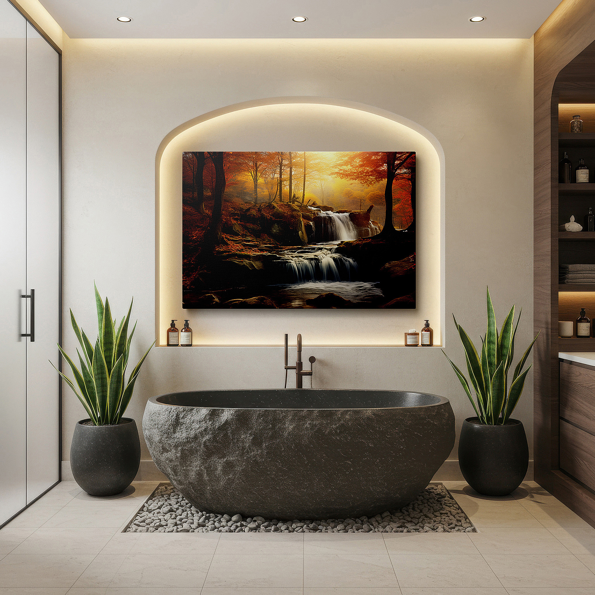 Bold and expansive at 90×60 cm — ideal for making a statement above large furniture — golden foliage and majestic waterfall canvas wall art, bathed in sunlight and tranquility, ideal for office and bedroom decor