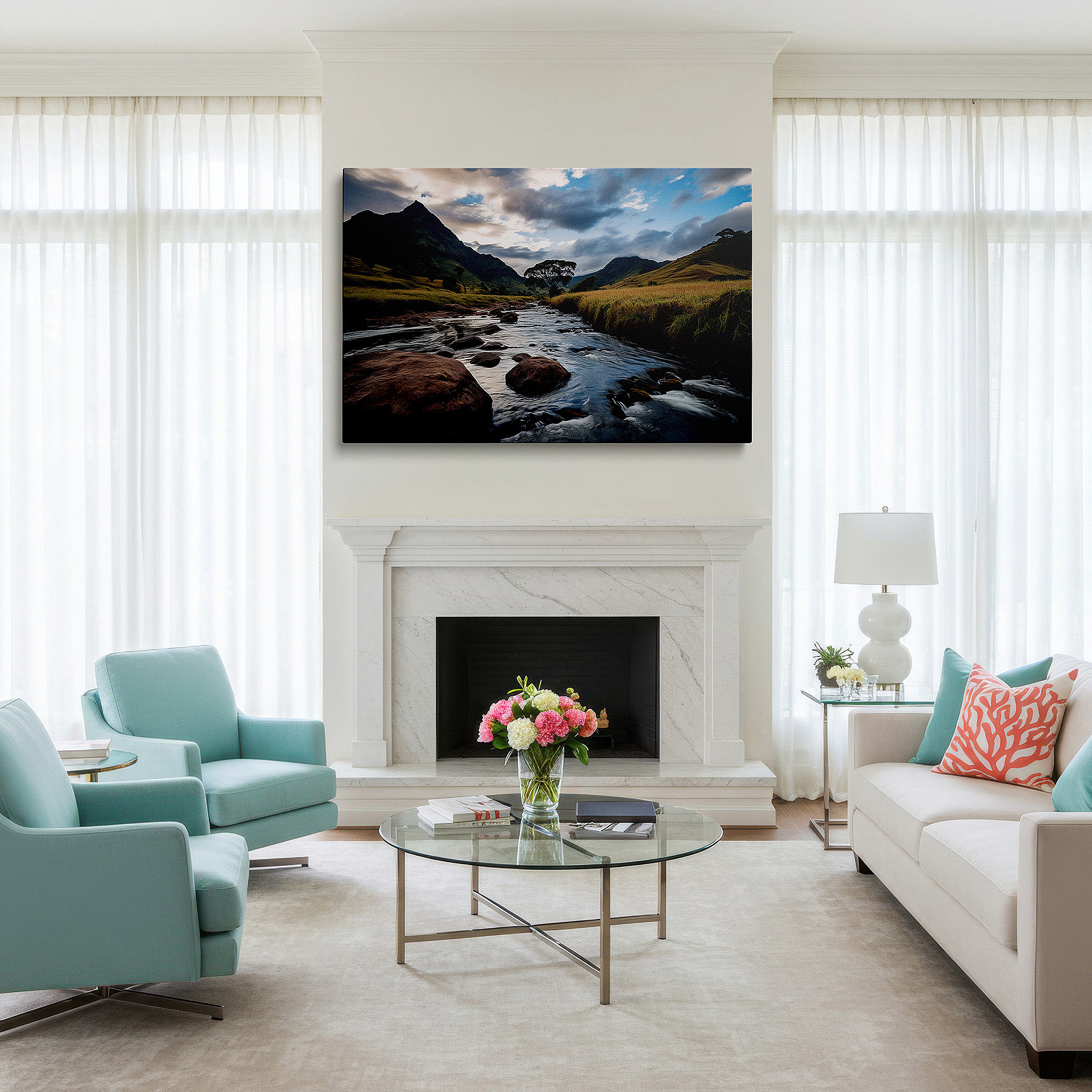 Bold and expansive at 90×60 cm — ideal for making a statement above large furniture — golden grasslands at twilight with meandering stream and dynamic sunset sky - large canvas wall art for office decor