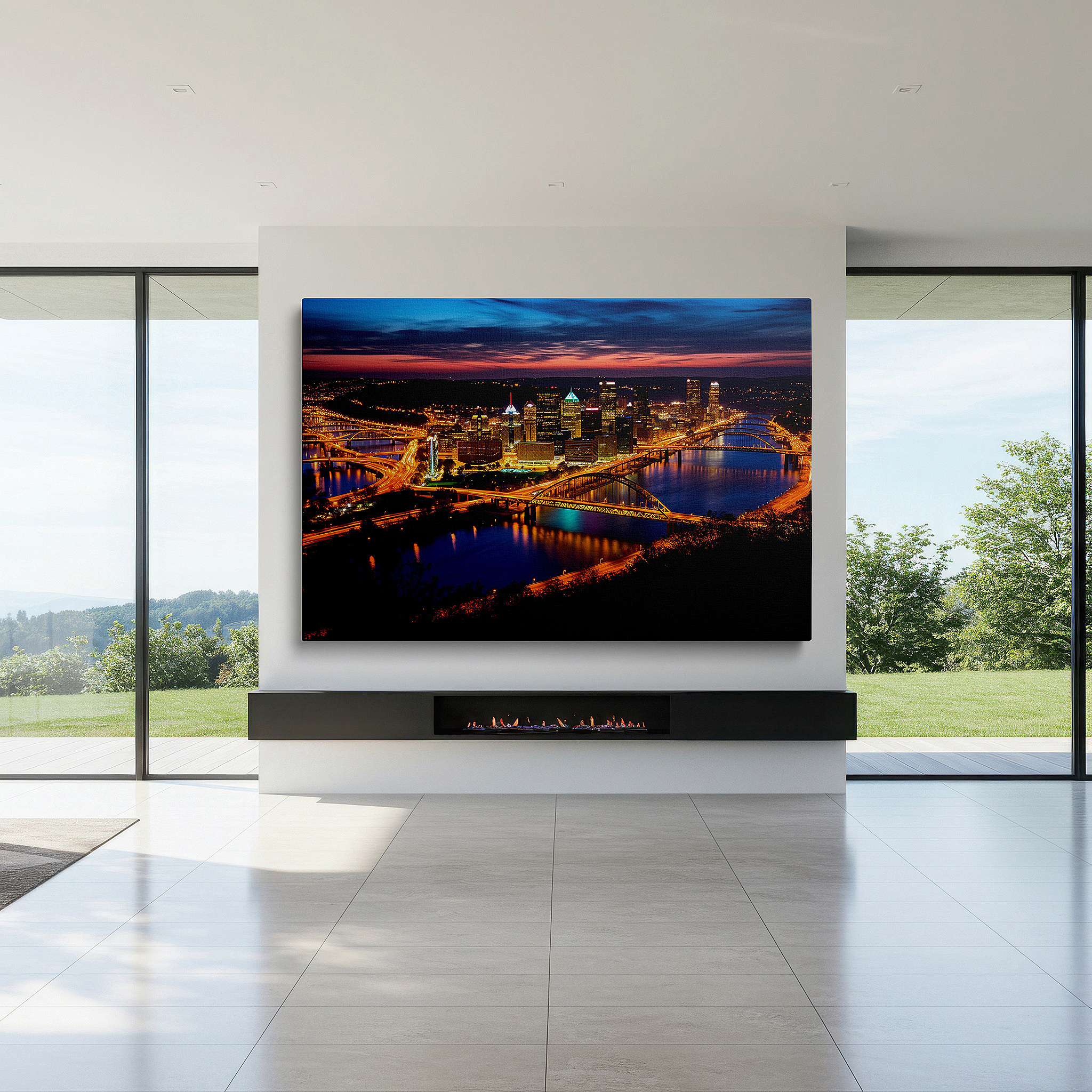 Bold and expansive at 90×60 cm — ideal for making a statement above large furniture — golden hour above pittsburgh skyline - a stunning fusion of natural and city beauty large wall art, canvas wall art, wall decor, office wall art