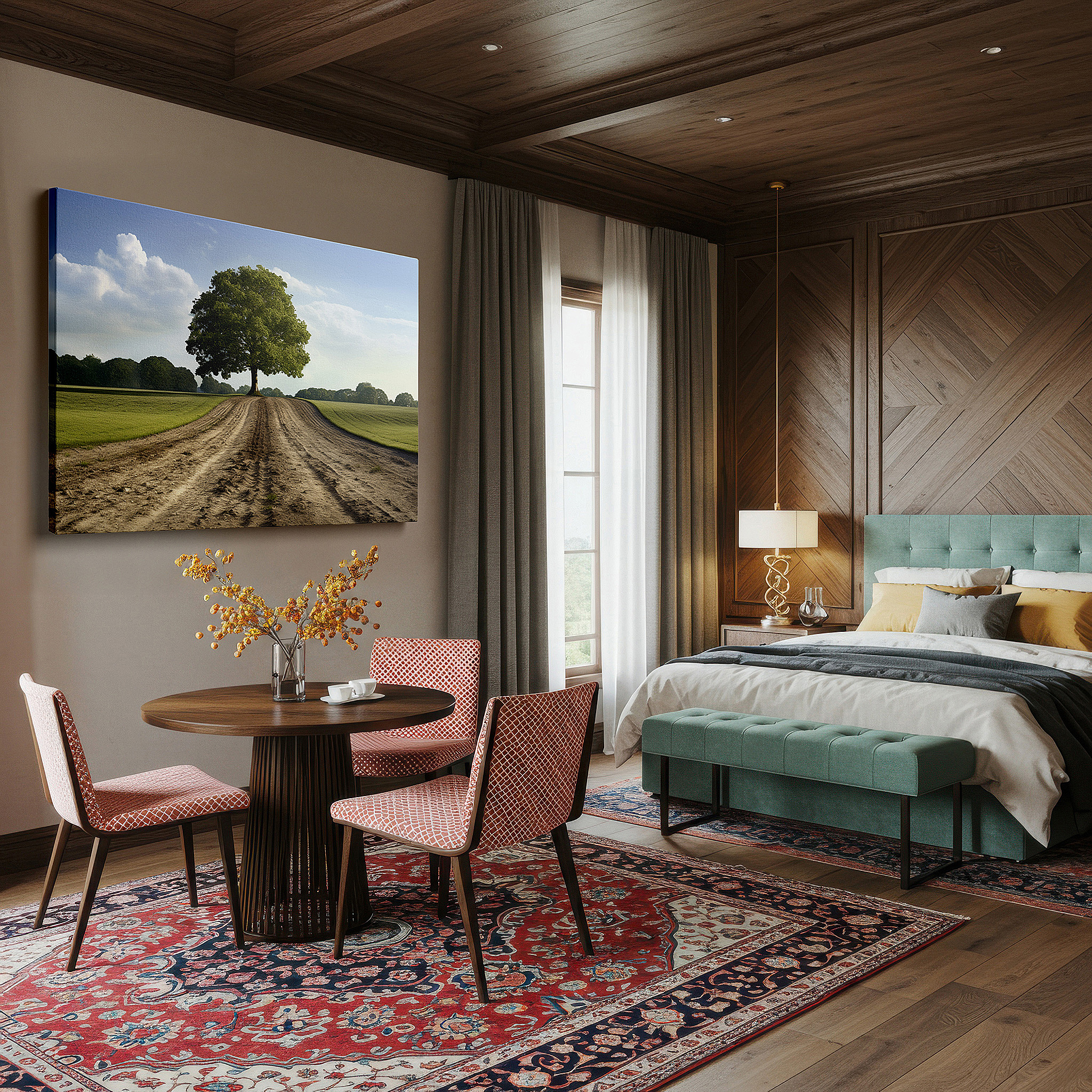 Bold and expansive at 90×60 cm — ideal for making a statement above large furniture — grand tree in majestic solitude on a dusty path - large canvas wall art for office, bedroom, and living room decor