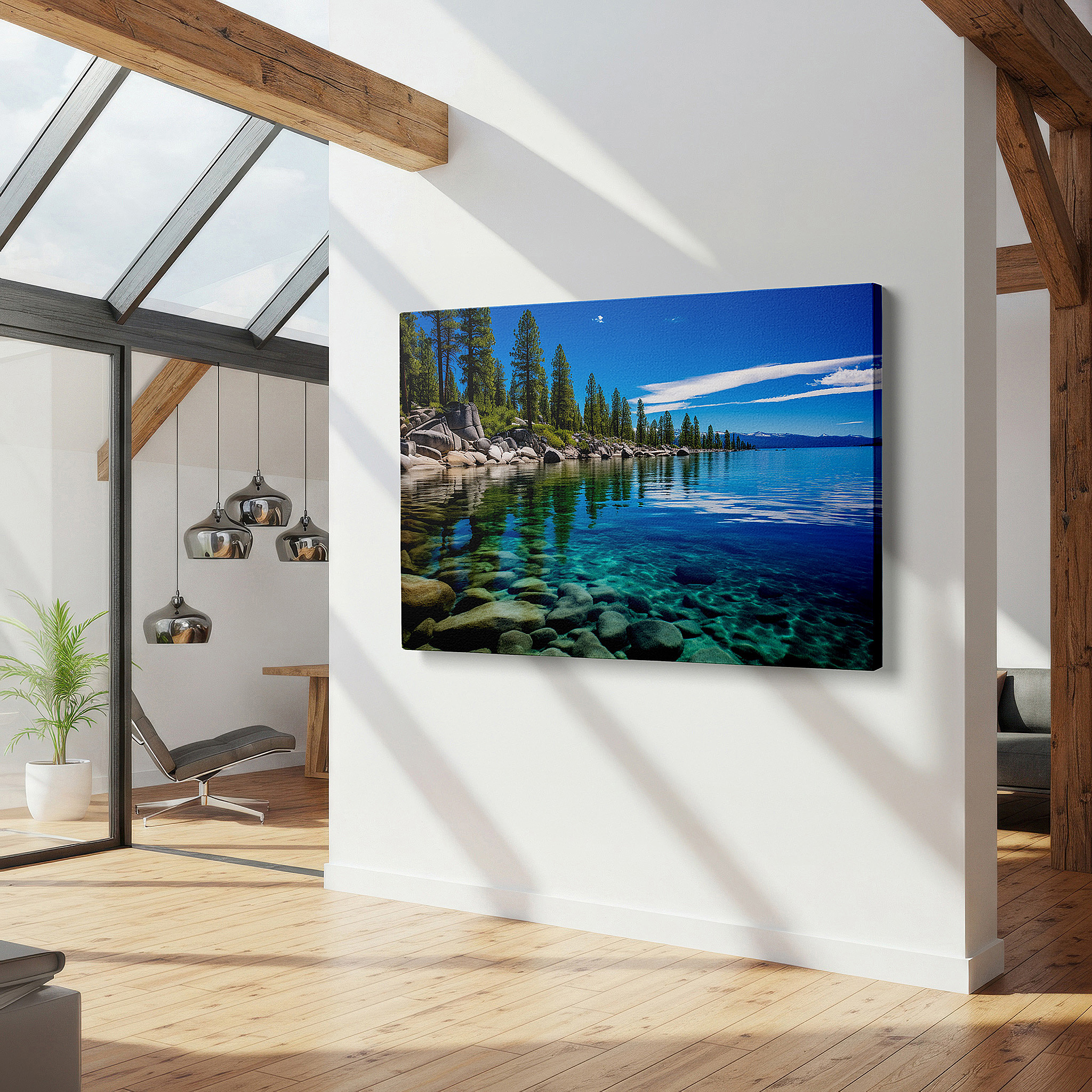 Bold and expansive at 90×60 cm — ideal for making a statement above large furniture — lake tahoe's tranquil waters, verdant foliage, and rugged coastlines - a gateway to serene beauty large wall art, canvas wall art, wall decor