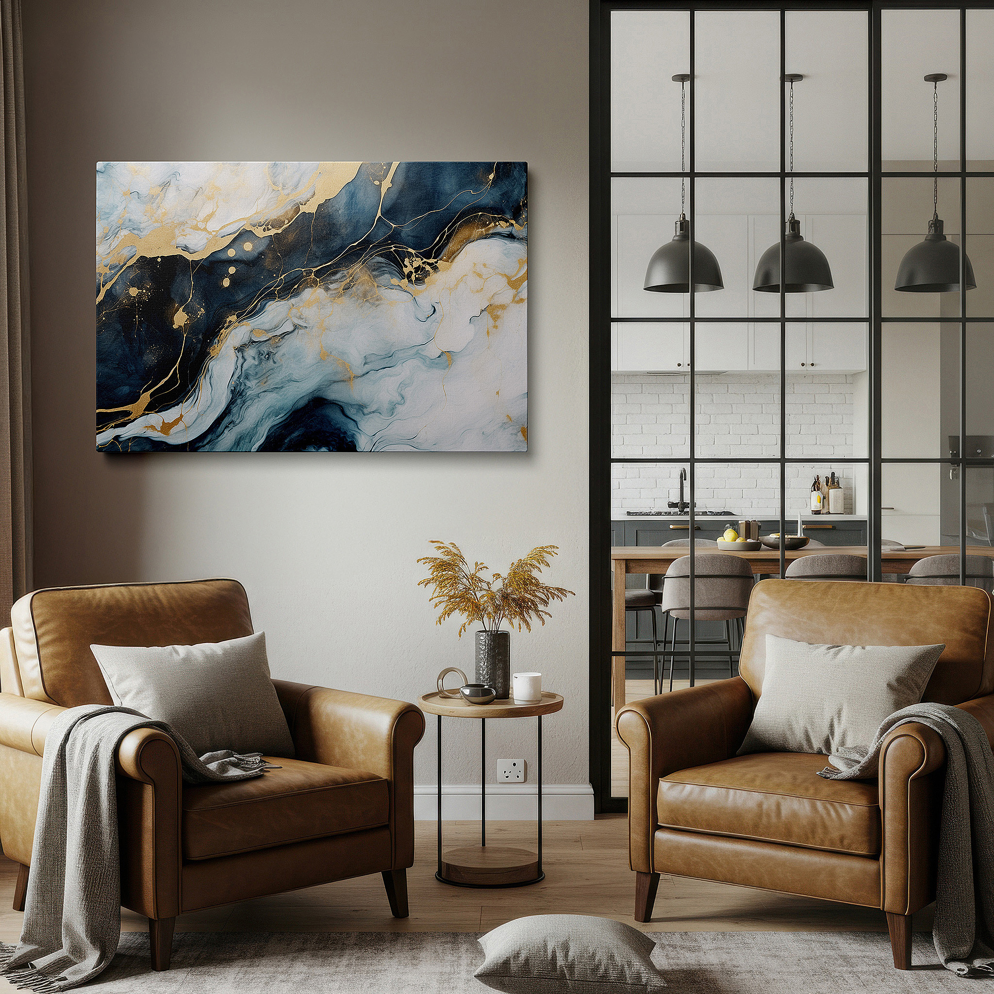 Bold and expansive at 90×60 cm — ideal for making a statement above large furniture — luxurious ocean blues and moonlit gold accents large wall art, canvas wall art, wall decor for office and bedroom