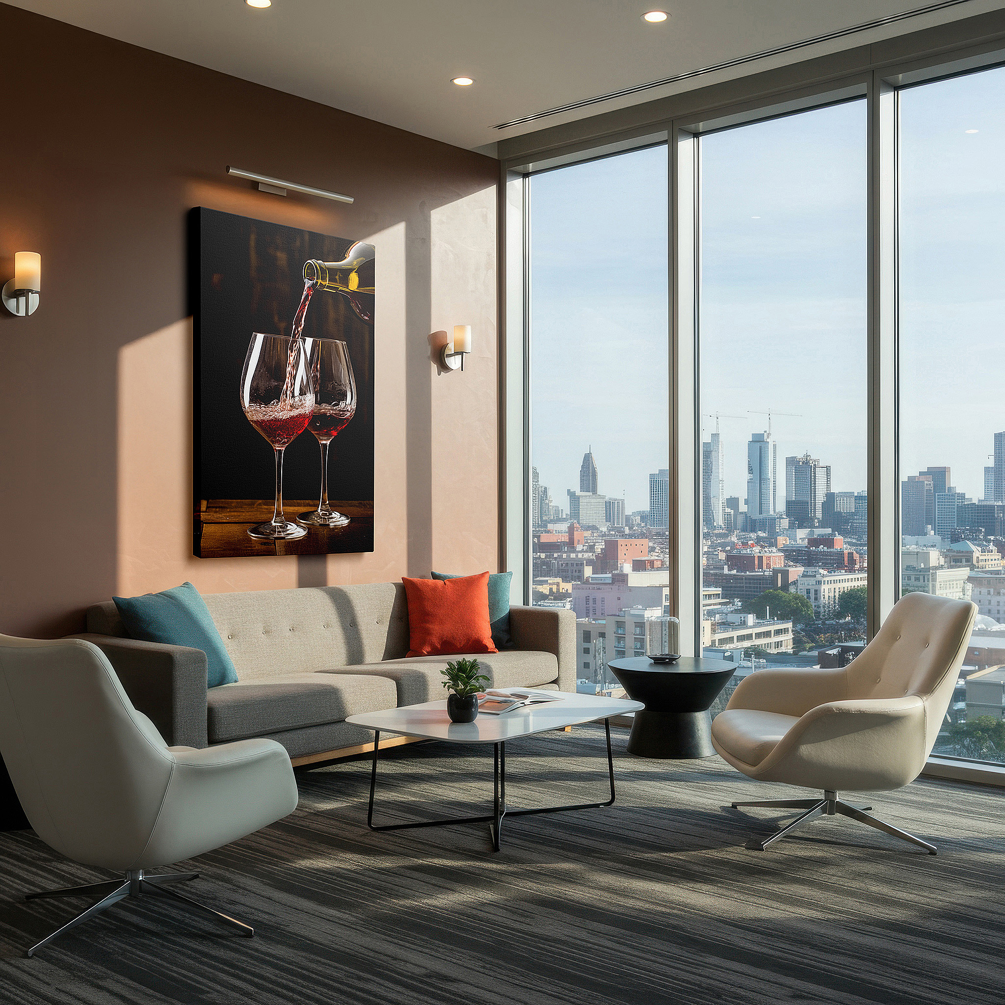 Bold and expansive at 90×60 cm — ideal for making a statement above large furniture — luxurious wall art featuring red wine pouring into elegant glasses, celebrating indulgence and craftsmanship, large canvas wall decor
