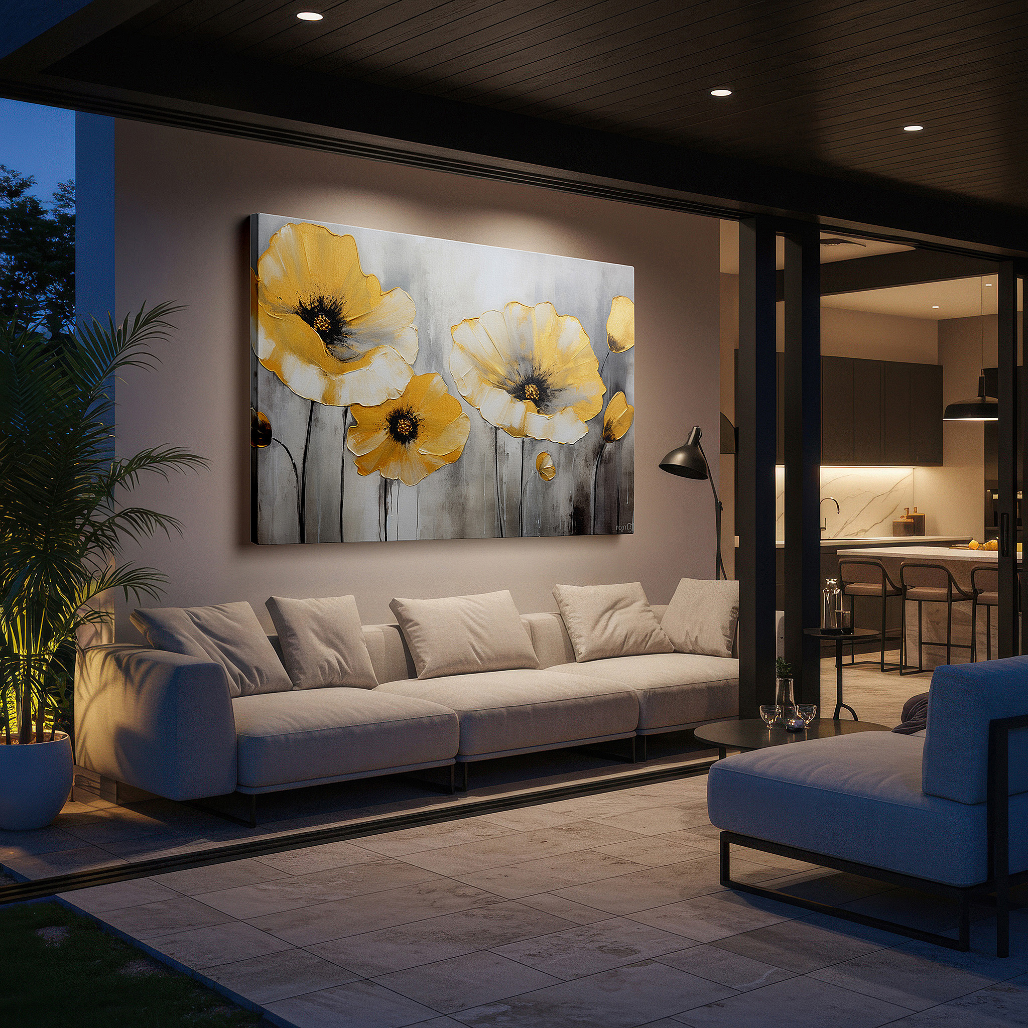 Bold and expansive at 90×60 cm — ideal for making a statement above large furniture — luxurious white and gold poppies on textured silver and gray large wall art, canvas wall art, elegant and tranquil decor