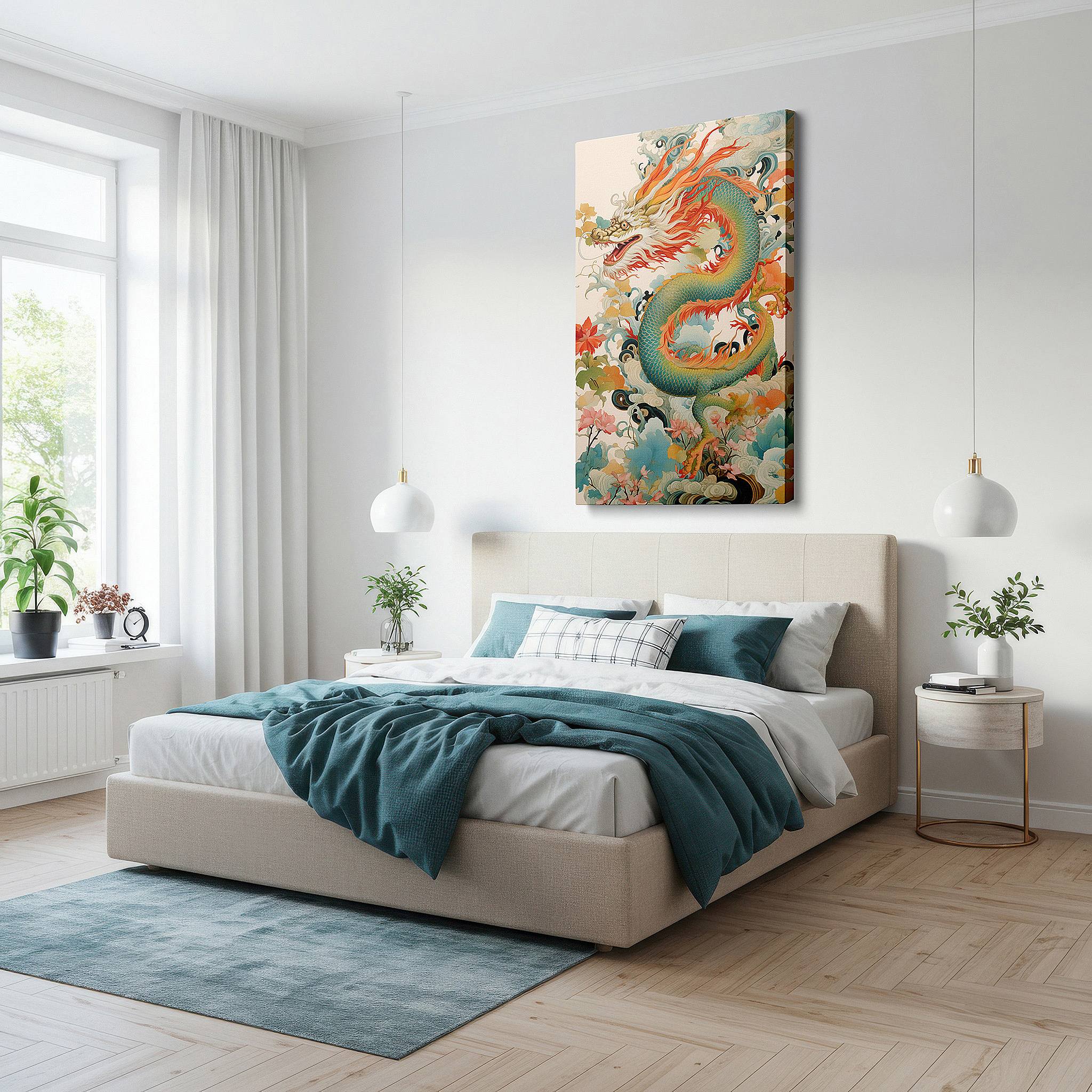 Bold and expansive at 90×60 cm — ideal for making a statement above large furniture — majestic dragon wrapped in ethereal clouds, symbolizing strength and harmony, large canvas wall art for office decor