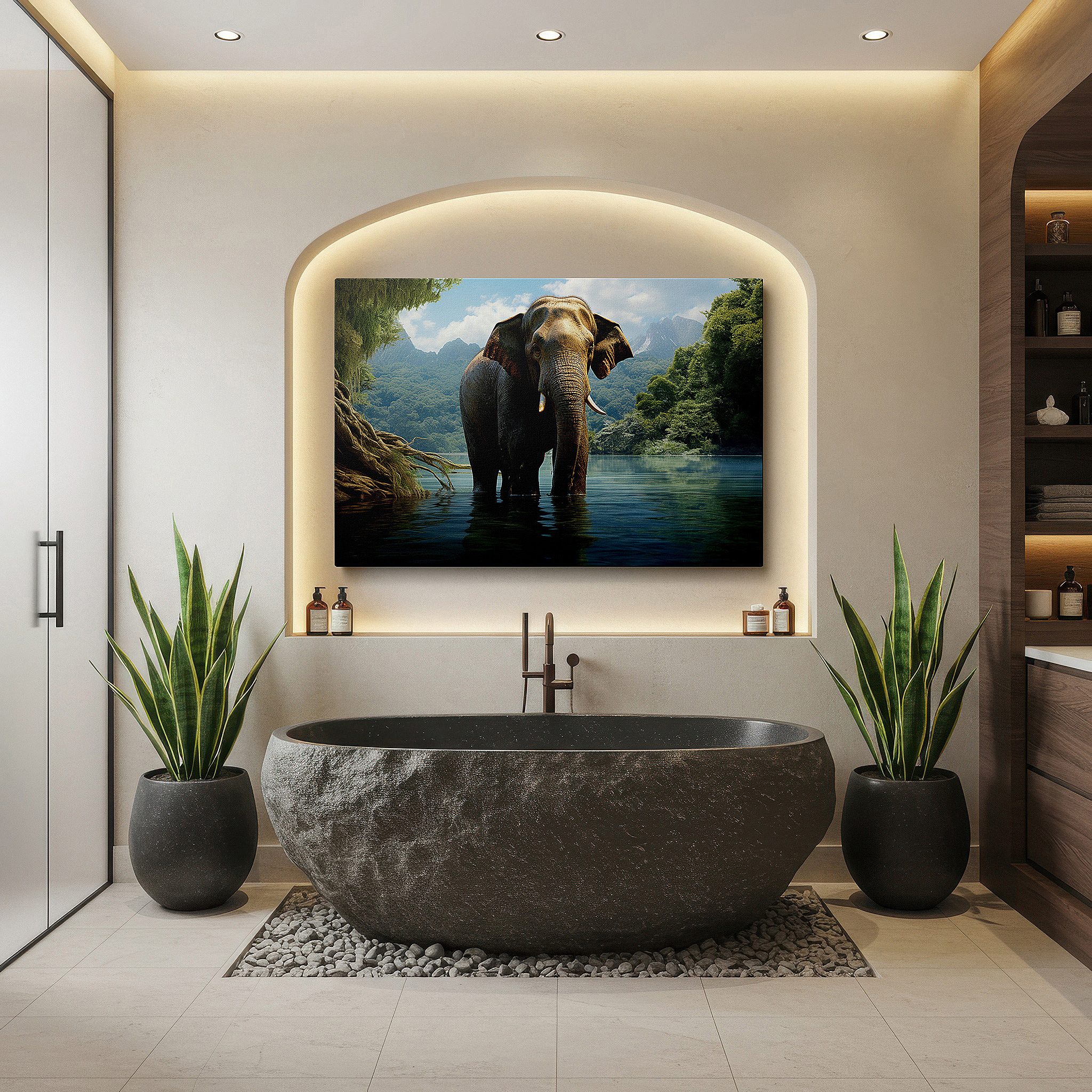 Bold and expansive at 90×60 cm — ideal for making a statement above large furniture — majestic elephant in shallow waters amidst lush greenery at dawn - large canvas wall art for office and bedroom decor