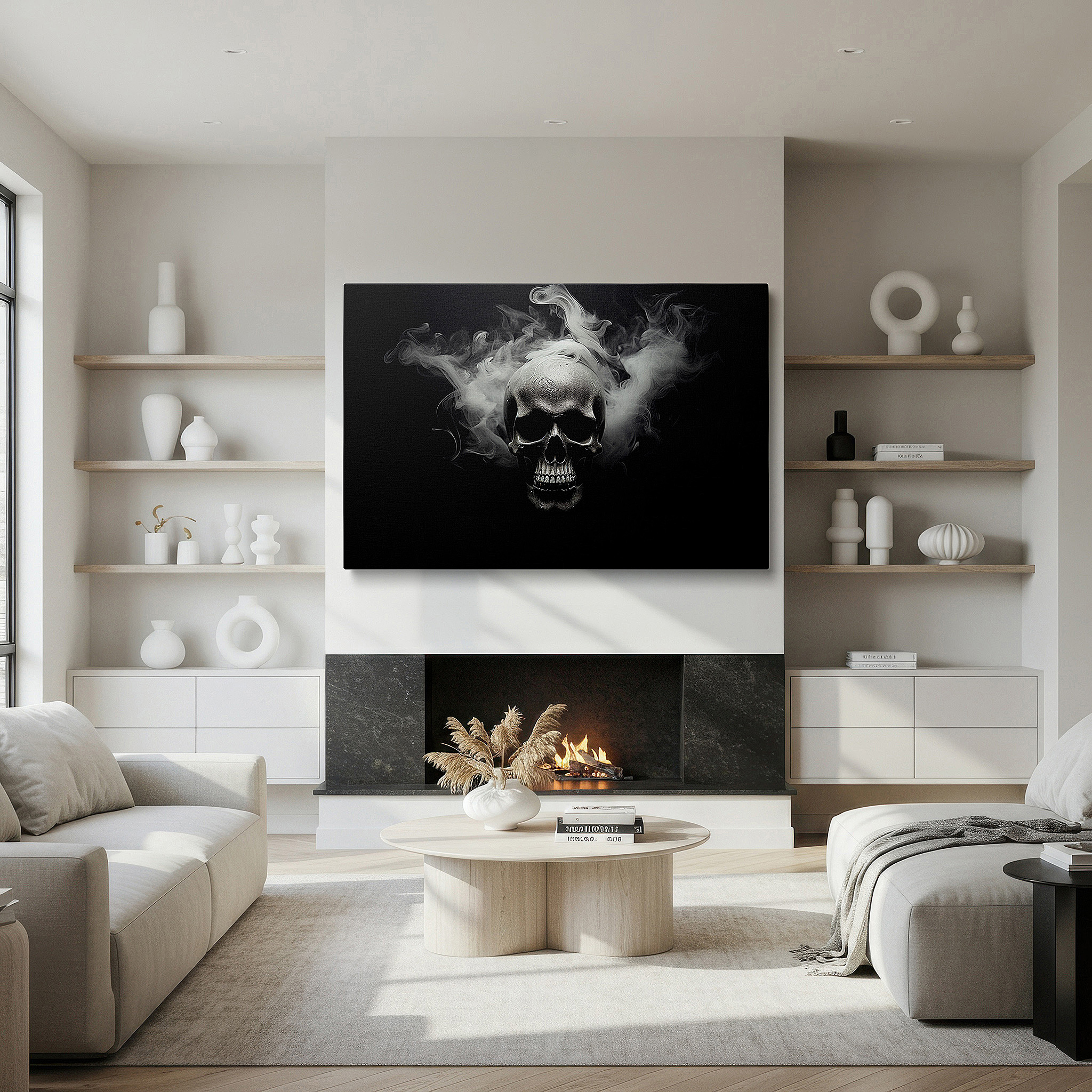 Bold and expansive at 90×60 cm — ideal for making a statement above large furniture — metallic skull emerging from the abyss surrounded by swirling smoke: a meditation on mortality and time - large canvas wall art for home and office decor