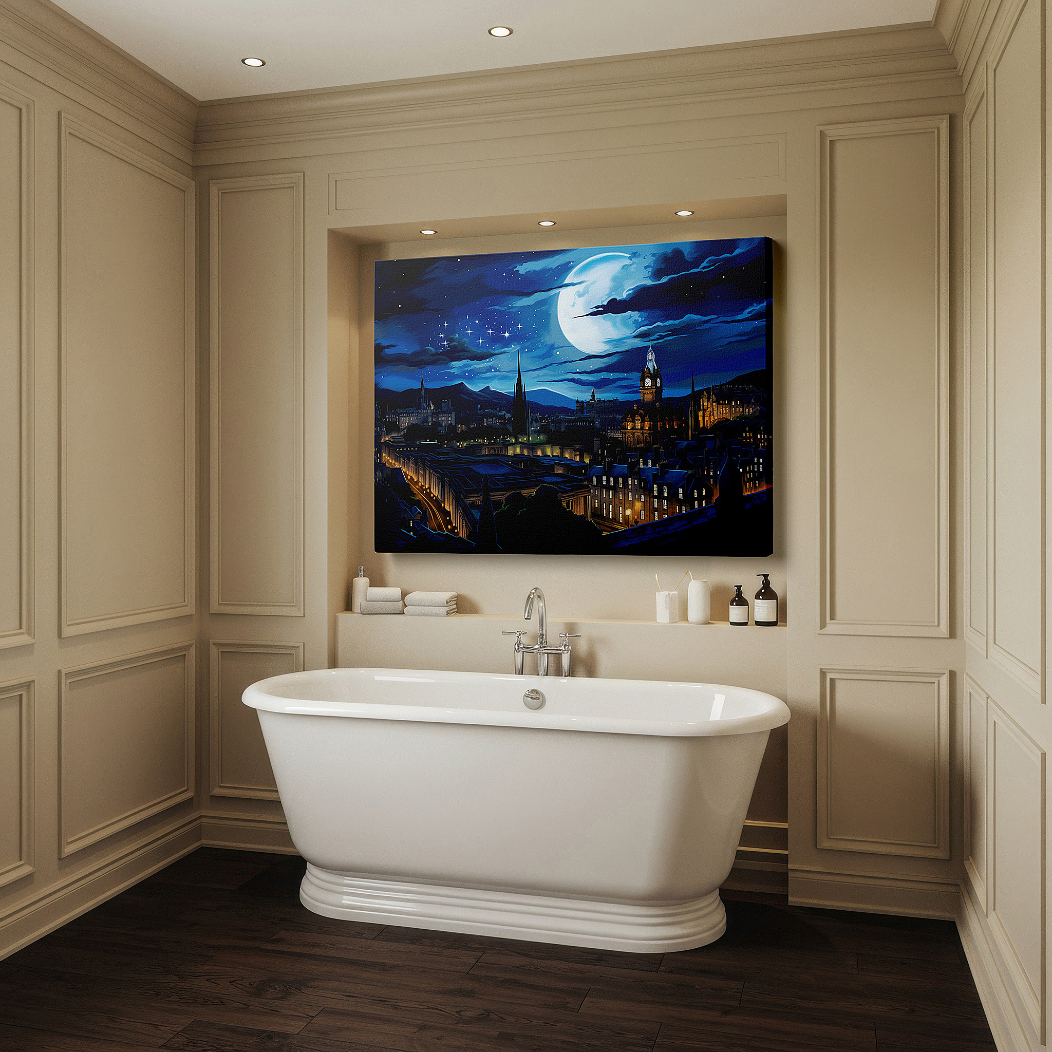 Bold and expansive at 90×60 cm — ideal for making a statement above large furniture — moonlit majesty above edinburgh's historic skyline: a nighttime tapestry of gothic spires and neoclassical grandeur - large canvas wall art