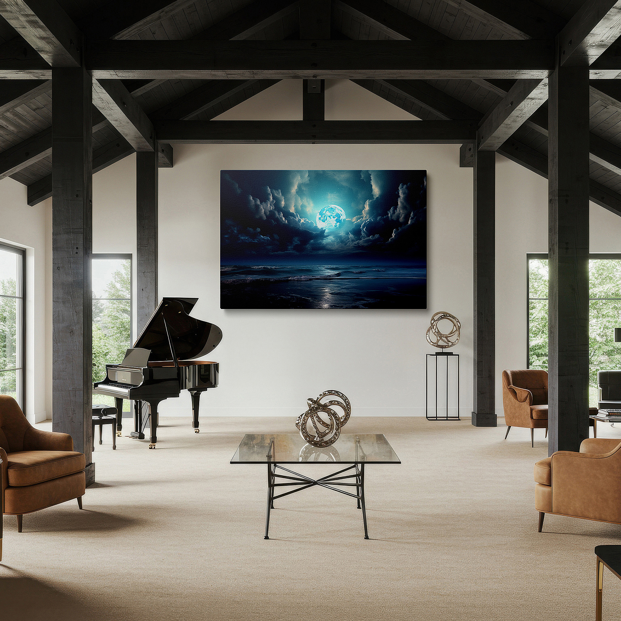 Bold and expansive at 90×60 cm — ideal for making a statement above large furniture — moonlit serenity above tranquil seas - celestial reflections amidst swirling clouds, large canvas wall art for home and office decor