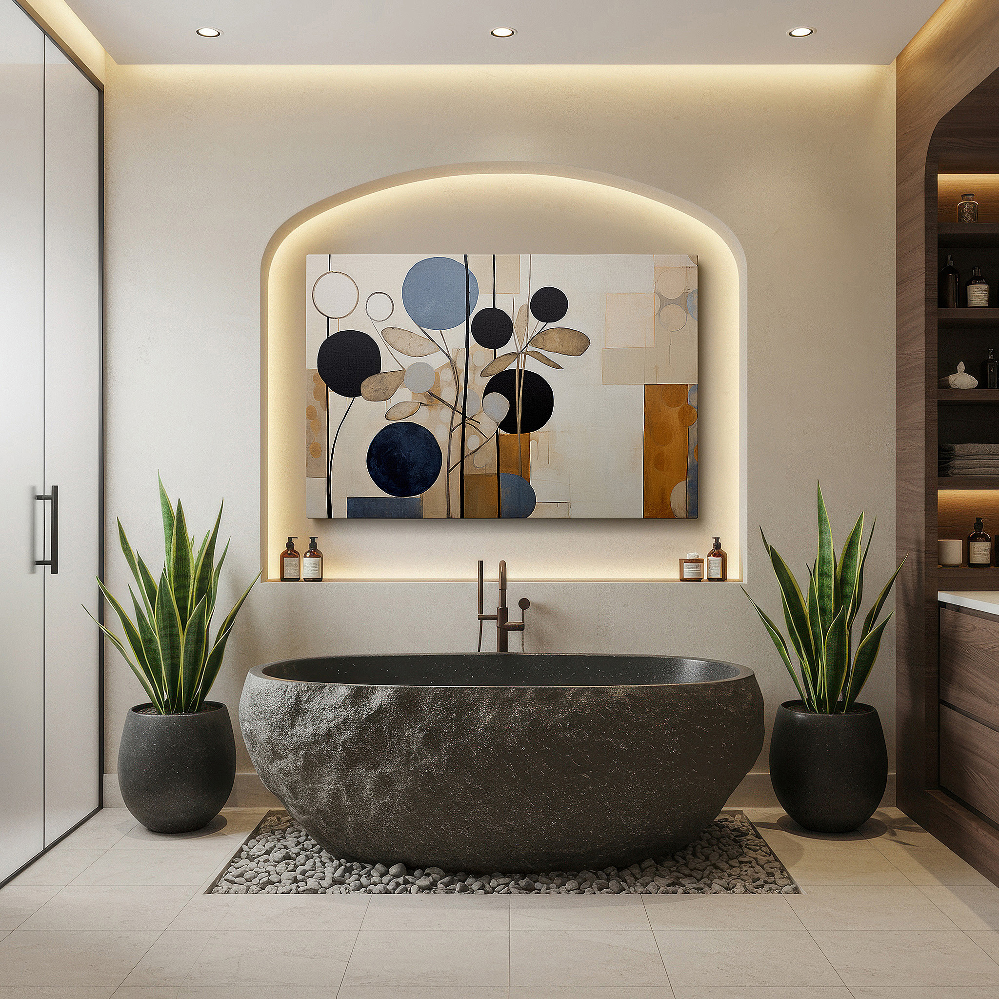 Bold and expansive at 90×60 cm — ideal for making a statement above large furniture — muted geometric harmony: a serene abstract representation of nature's rhythms - large canvas wall art for office decor