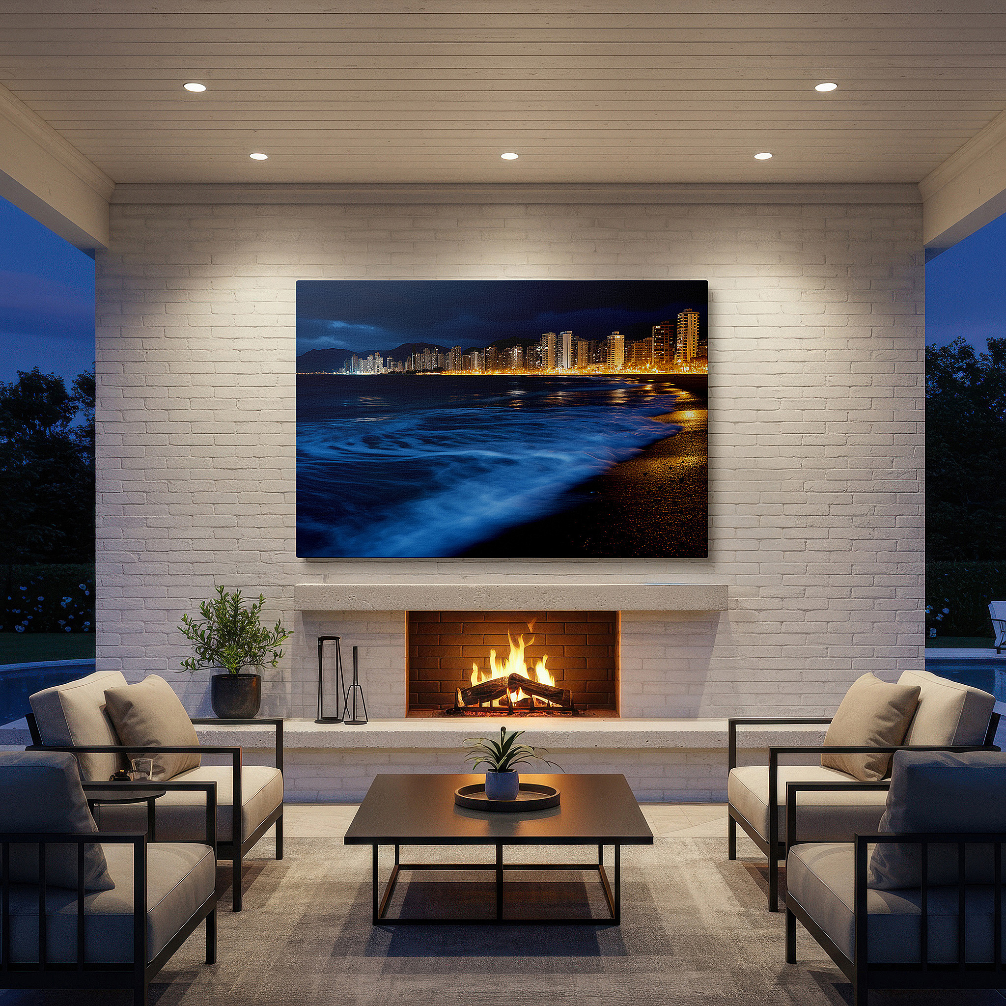 Bold and expansive at 90×60 cm — ideal for making a statement above large furniture — nighttime urban cityscape with glowing lights and peaceful water reflections - large canvas wall art for office and bedroom decor