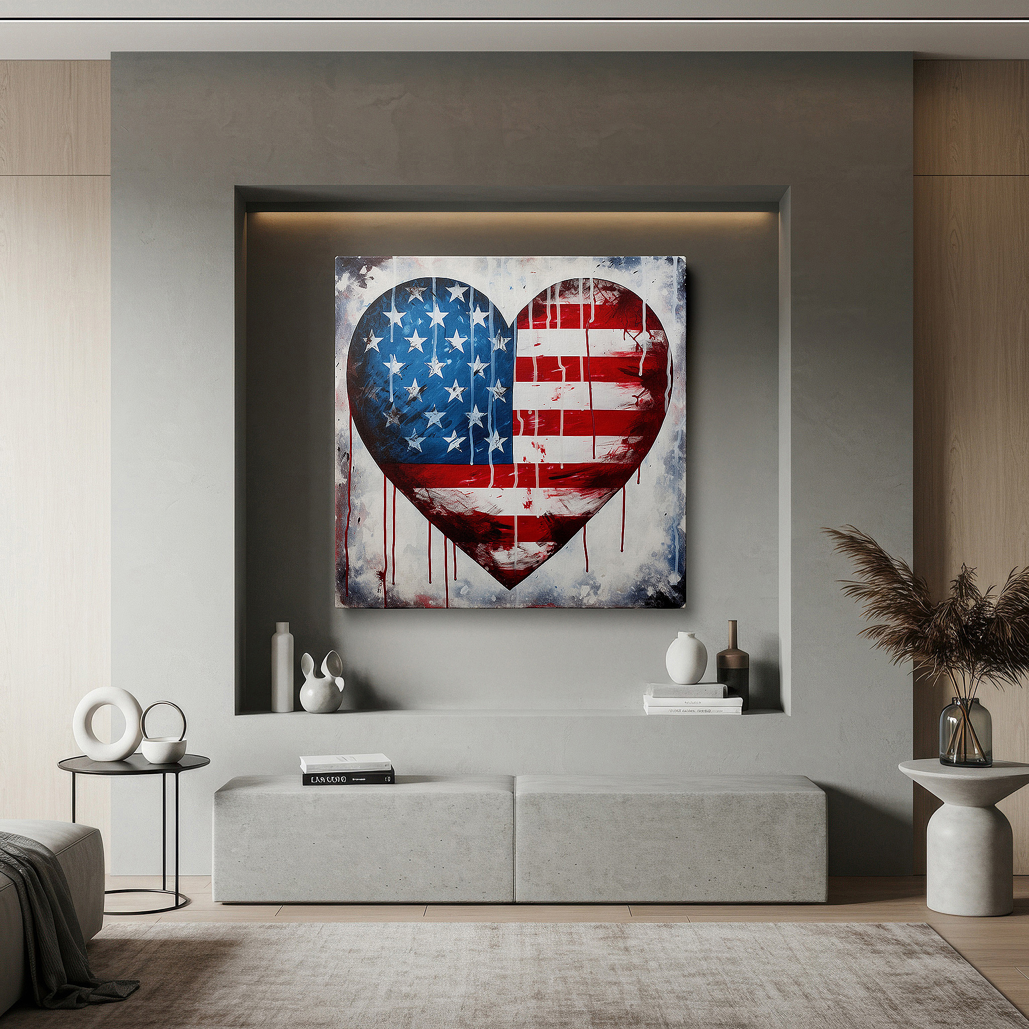 Bold and expansive at 90×60 cm — ideal for making a statement above large furniture — patriotic american flag heart design in bold red, white, and blue - large canvas wall art for home and office decor