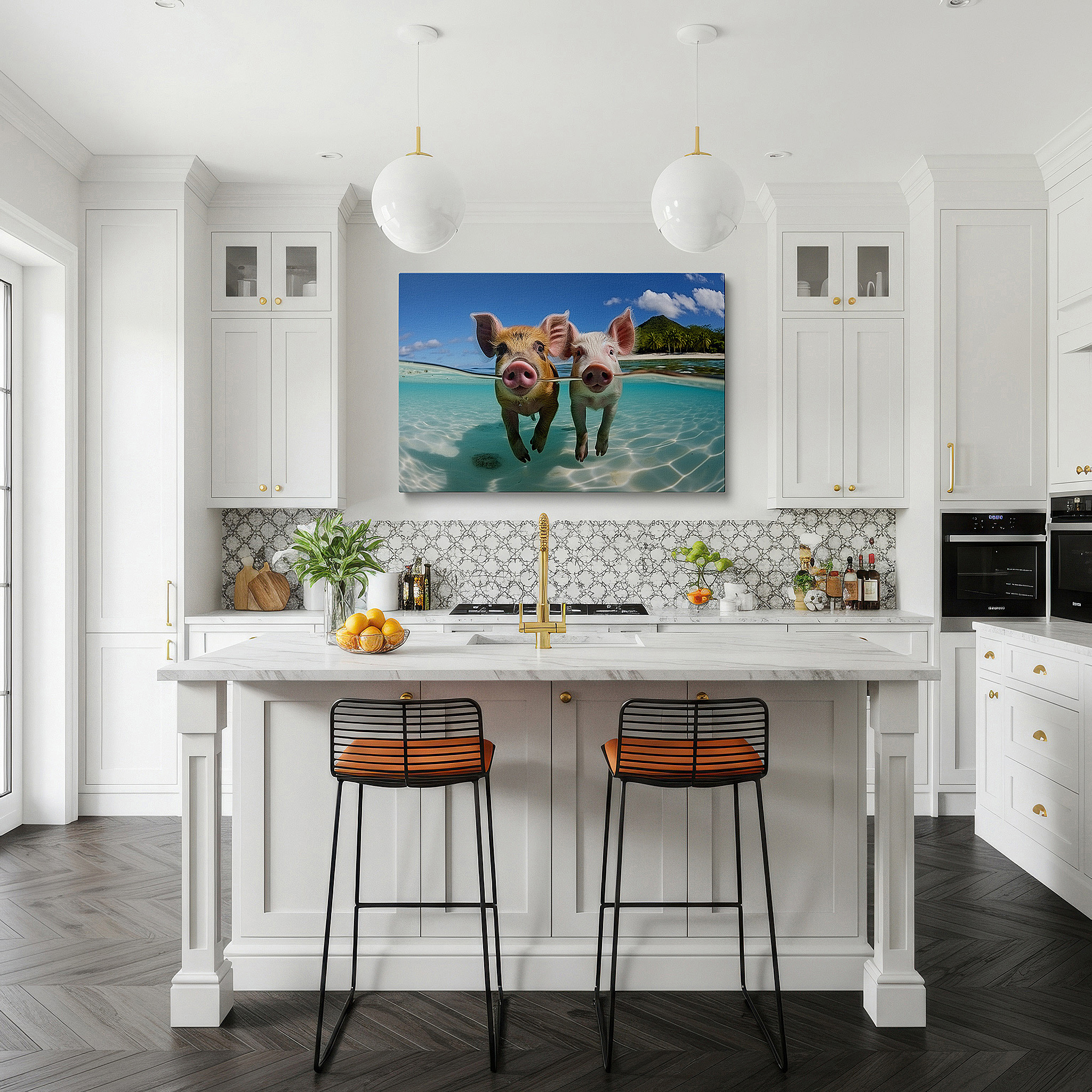 Bold and expansive at 90×60 cm — ideal for making a statement above large furniture — playful piglets frolic in tropical waters: a vivid display of joy and whimsy - large wall art, canvas wall art, wall decor for office and bedroom