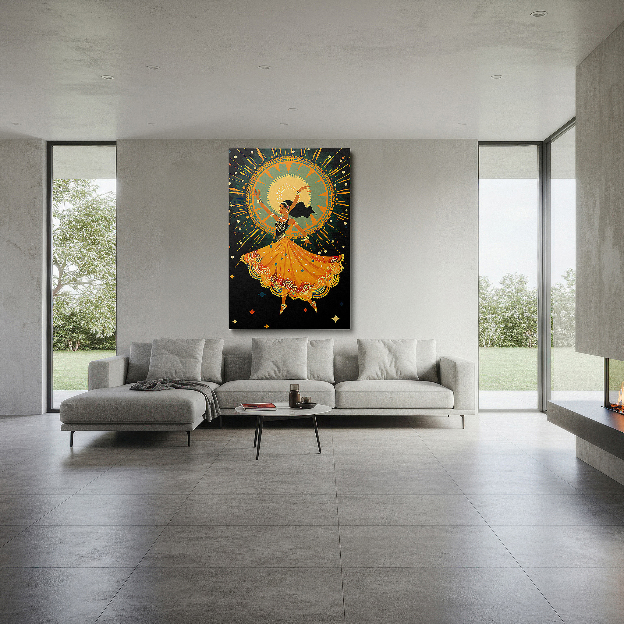 Bold and expansive at 90×60 cm — ideal for making a statement above large furniture — radiant yellow dress dancer wall art: celebrating festivity and cultural vibrance - perfect for office, bedroom, and home decor, available in large canvas prints