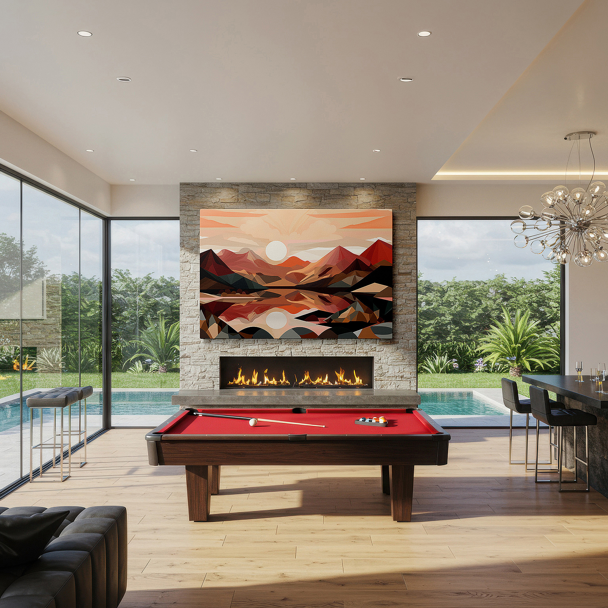 Bold and expansive at 90×60 cm — ideal for making a statement above large furniture — reflective geometric mountains and water: bold nature and modern design large wall art, canvas wall art, office wall decor