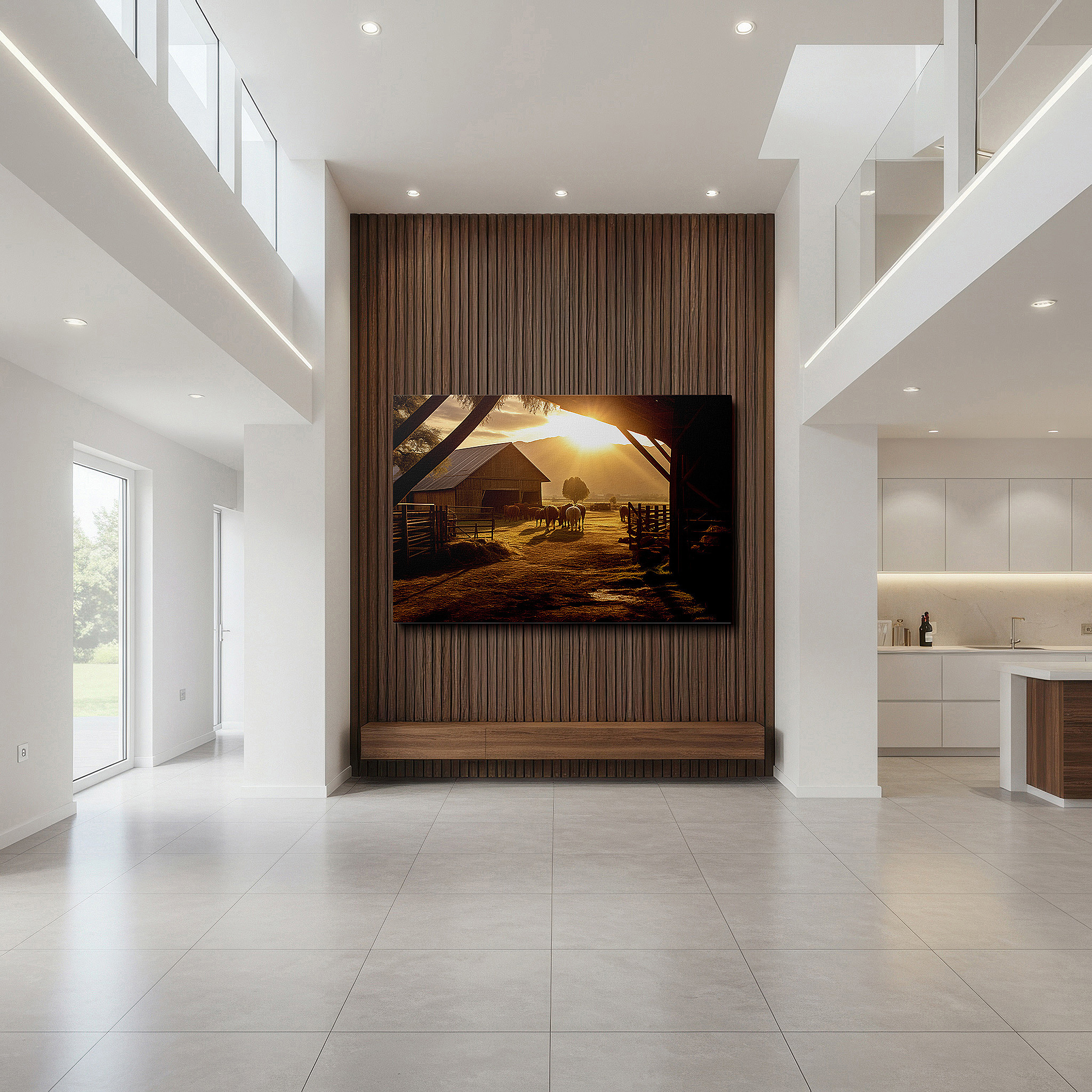 Bold and expansive at 90×60 cm — ideal for making a statement above large furniture — rustic barn and tranquil horses at dawn large canvas wall art for office, bedroom, and living room decor