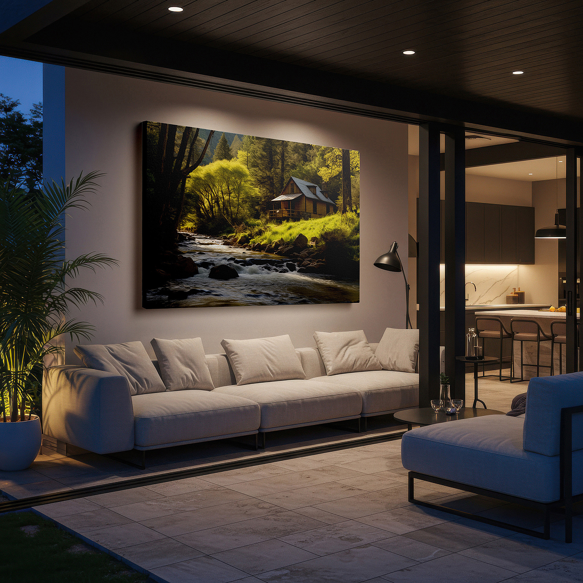 Bold and expansive at 90×60 cm — ideal for making a statement above large furniture — rustic cabin retreat by a sparkling river surrounded by lush spring greenery large wall art, canvas wall art, wall decor for office
