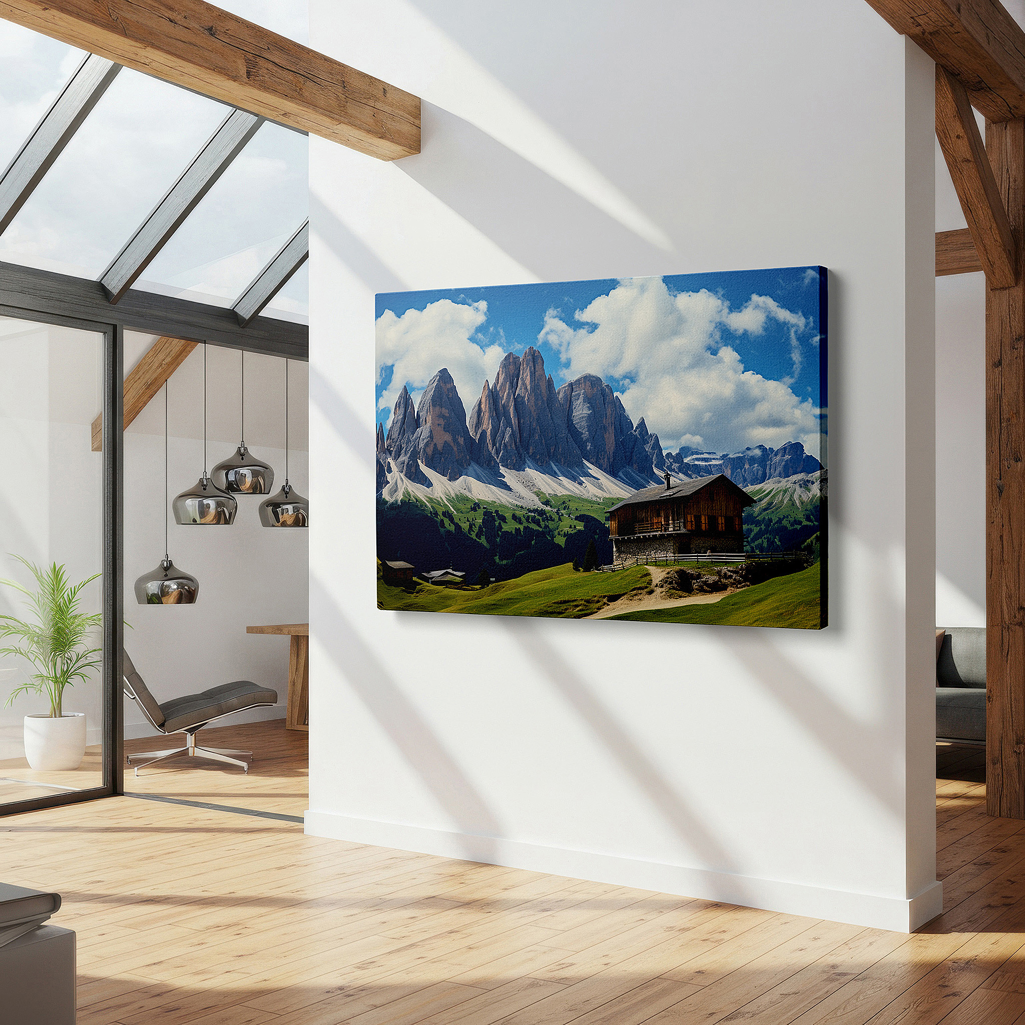Bold and expansive at 90×60 cm — ideal for making a statement above large furniture — rustic cabin surrounded by majestic mountains and verdant meadows: a peaceful retreat for quiet contemplation - large wall art, canvas wall art, wall decor for office