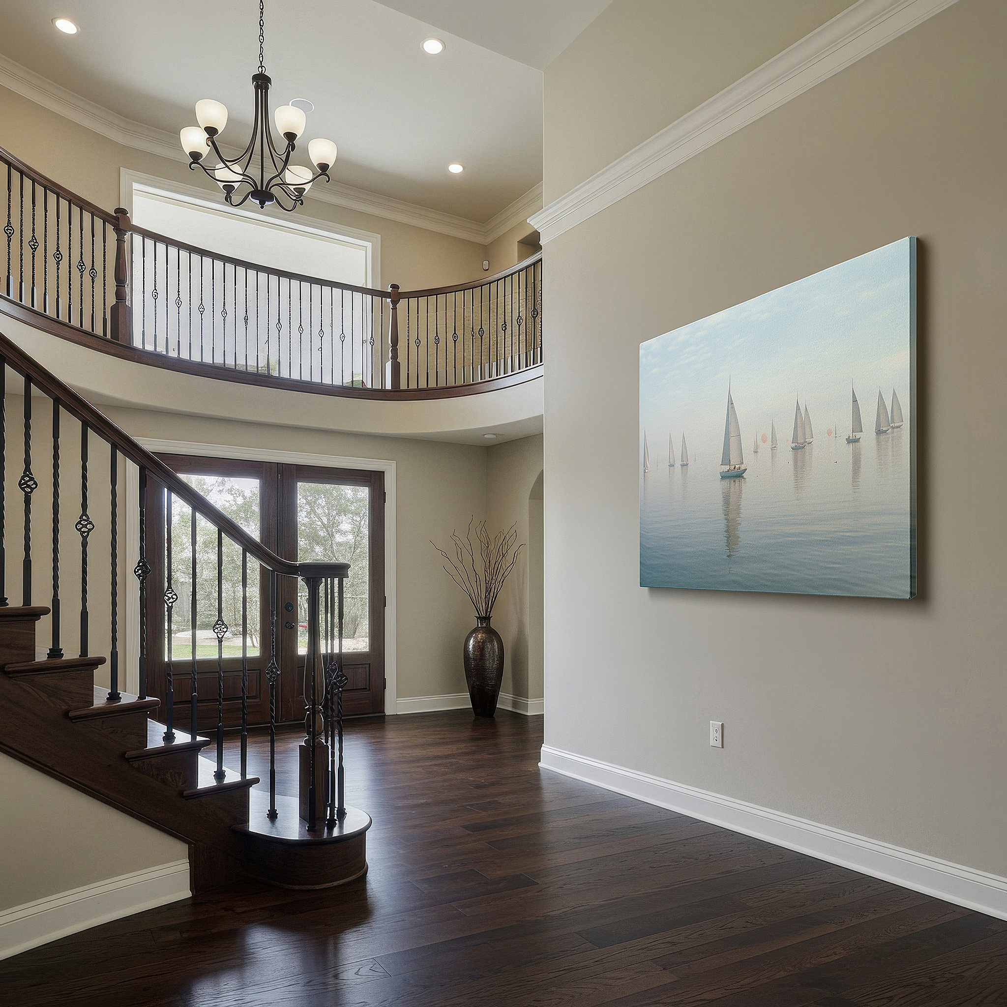 Bold and expansive at 90×60 cm — ideal for making a statement above large furniture — sailboats on a misty lake - serene morning in ethereal fog large wall art, canvas wall art, wall decor for office and bedroom