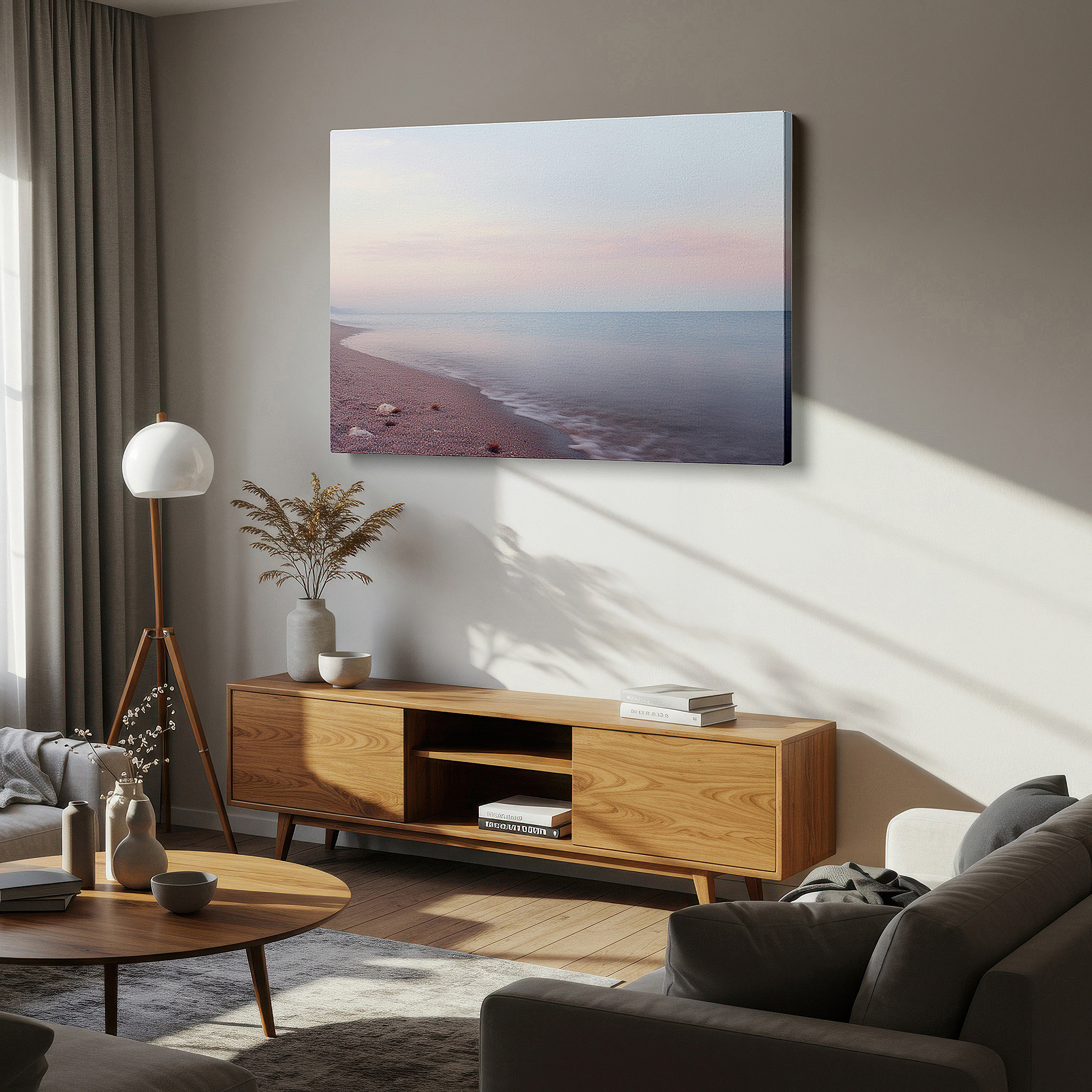 Bold and expansive at 90×60 cm — ideal for making a statement above large furniture — seaside tranquility: dawn with gentle waves and soft pastel sky - large canvas wall art for office, bedroom, and living room decor