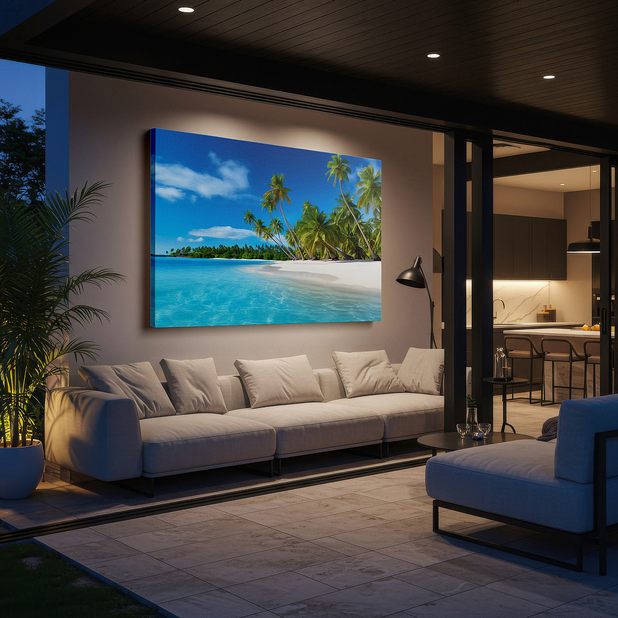 Bold and expansive at 90×60 cm — ideal for making a statement above large furniture — serene beach morning with golden sands and blue waters large wall art, canvas wall art, wall decor for office, bedroom, and living room