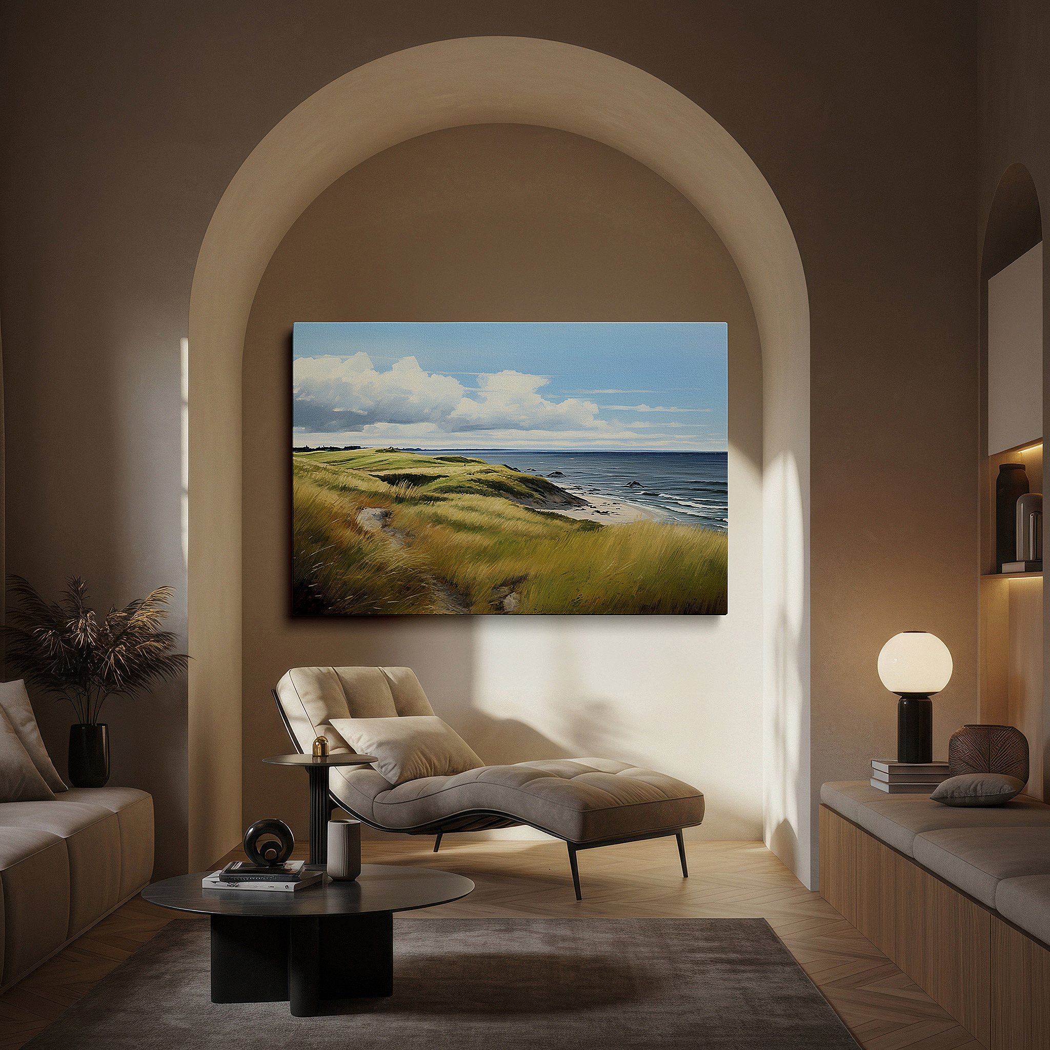 Bold and expansive at 90×60 cm — ideal for making a statement above large furniture — serene beach scene with gentle waves and sunlit sands - large canvas wall art for home and office decor
