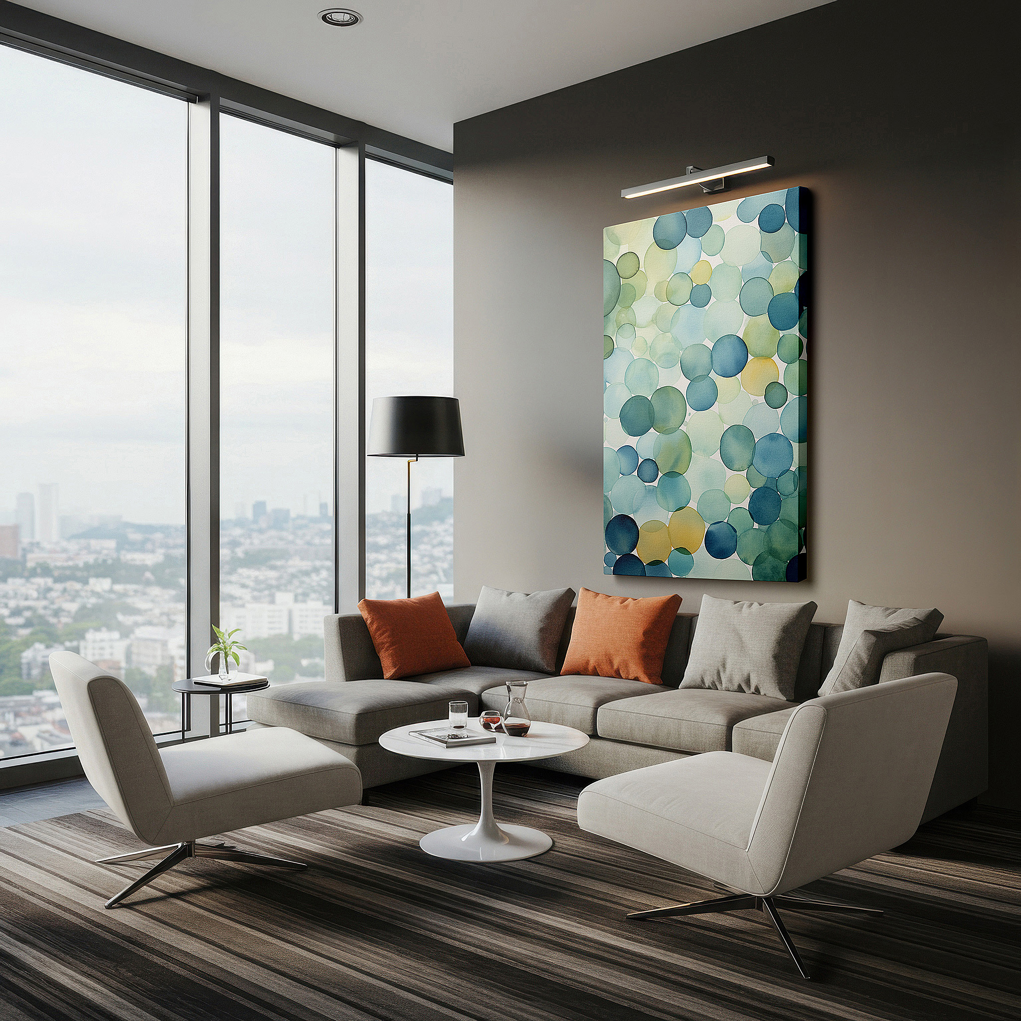 Bold and expansive at 90×60 cm — ideal for making a statement above large furniture — serene bubbles in blues and greens: tranquil abstract art for harmonious spaces - large wall art, canvas wall art, wall decor for office and bedroom