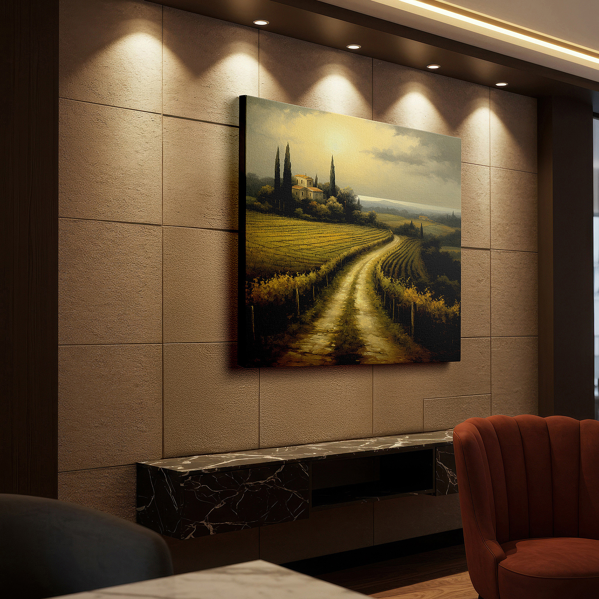 Bold and expansive at 90×60 cm — ideal for making a statement above large furniture — serene country road canvas wall art: vibrant vineyards under golden sunlight - ideal for office, bedroom, and home decor