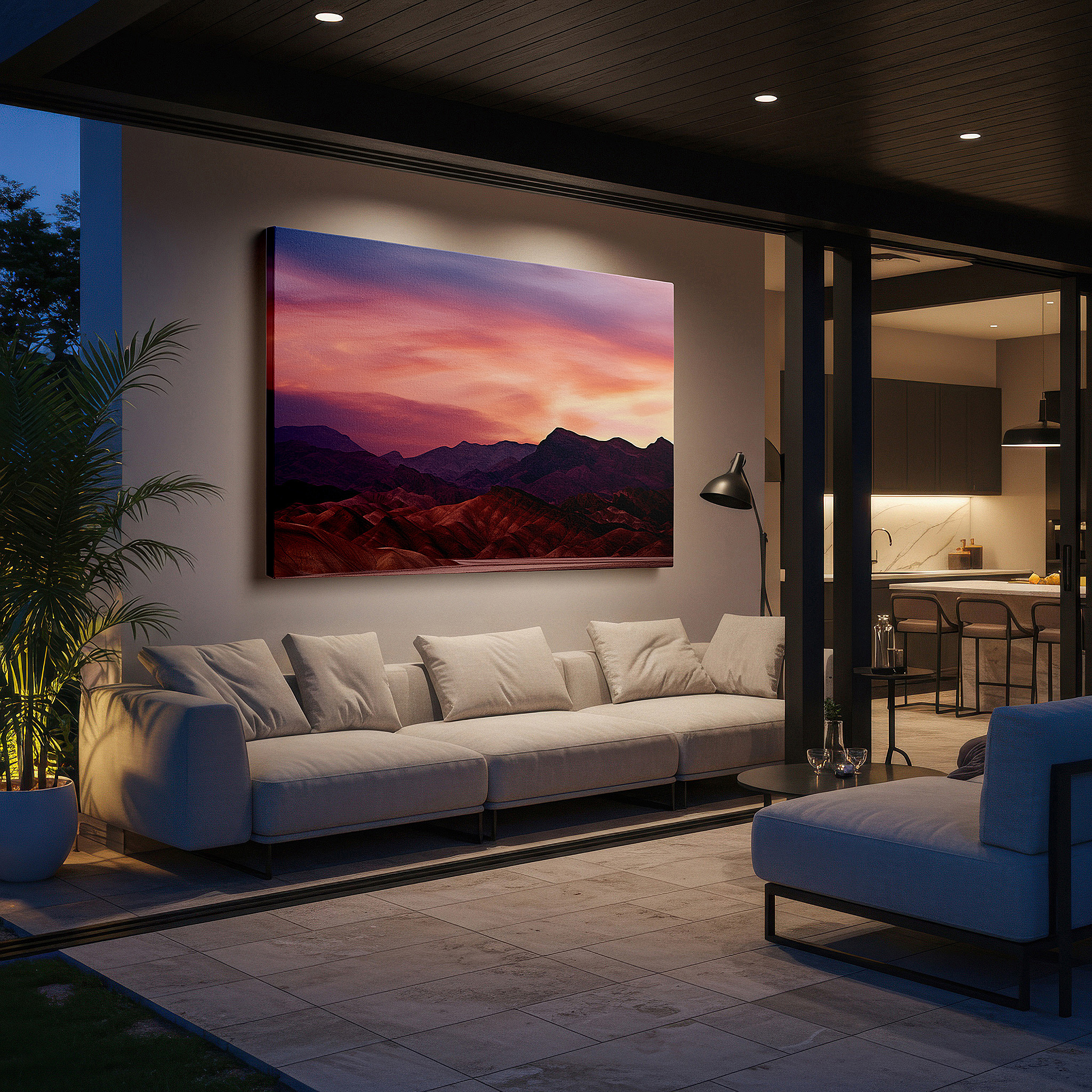 Bold and expansive at 90×60 cm — ideal for making a statement above large furniture — serene desert dusk: majestic mountains with vibrant sky - large canvas wall art for office, bedroom, and living room decor