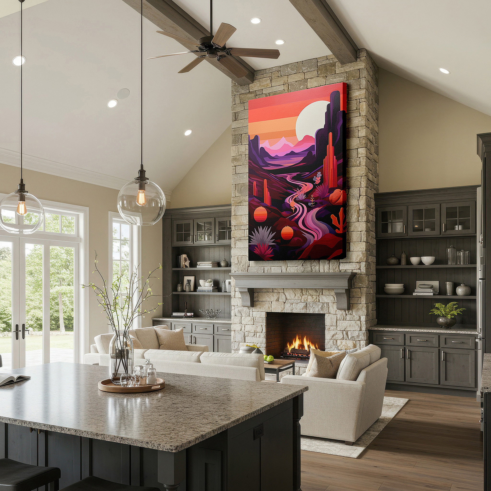 Bold and expansive at 90×60 cm — ideal for making a statement above large furniture — serene desert oasis canvas wall art featuring a winding river and majestic mountains, perfect for office or bedroom decor